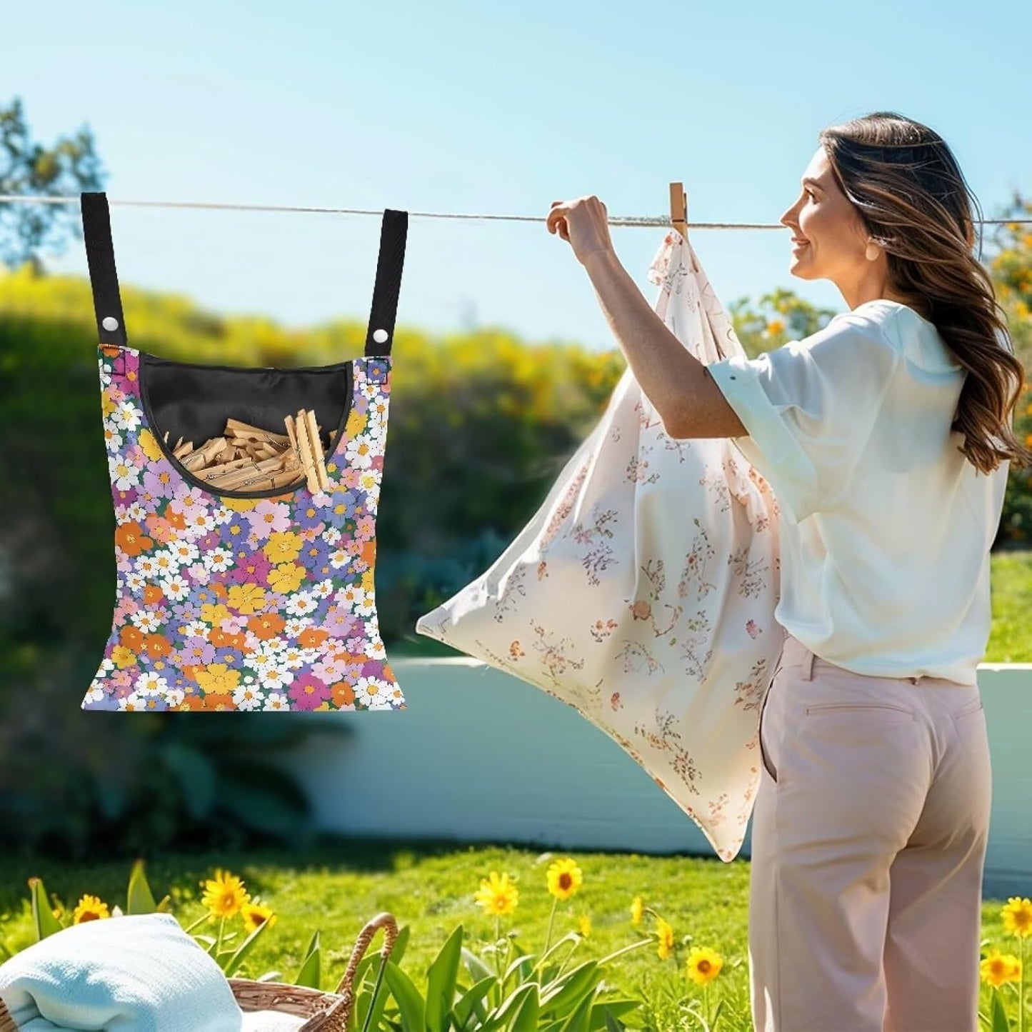 2 Pcs Pin Bag, Hippie Flower Print Hanging Bag with Large Opening Washable Clothes Pin Hanging Bag Easy to Use Storage Clothes Pins & Wooden Clothespins for Outdoor