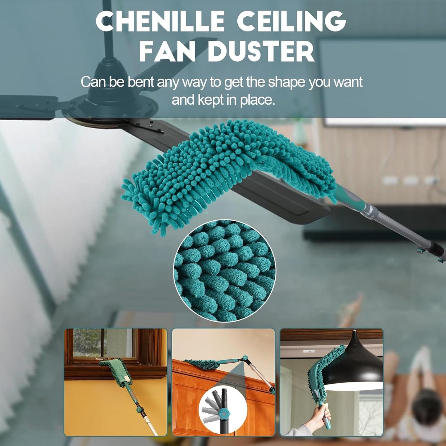 36 Foot High-Reach Duster Kit with 7-30FT Extendable Pole - High Ceiling Duster Cleaning Kit with Telescopic Pole,Cobweb Duster, Chenille Ceiling Fan Duster, Microfiber Feather Duster