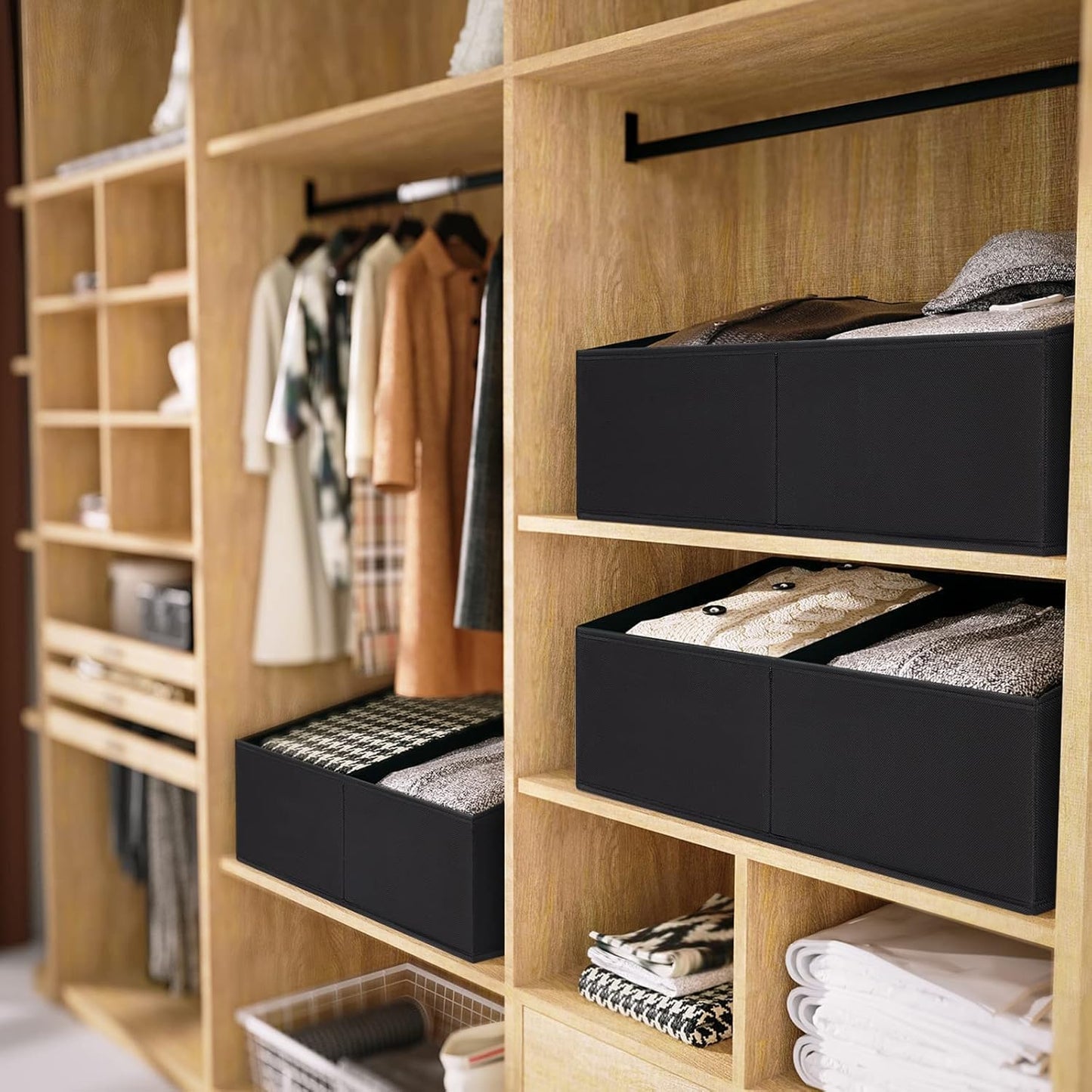 DIMJ Trapezoid Storage Bins for clothes - 4 Packs Closet Organizers and Storage Baskets, Foldable Closet Baskets with Handles and Divider, Closet Storage Bin Toybox for Shelves Living Room Bedroom