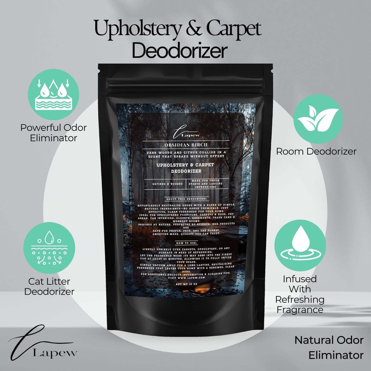 Obsidian Birch Carpet Freshener Powder: Powerful Odor Eliminator for Home, Upholstery Deodorizer, Carpet Deodorizer, Pet Urine - Birch & Black Pepper Fragrance