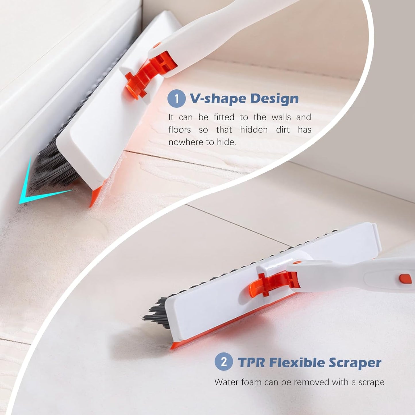 SetSail 4-in-1 Tile Tub Floor Scrubber with 52-inch Adjustable Long Handle Shower Cleaner Brush with V-Shaped Grout Brush and 3 Replacement Brush Heads for Cleaning Bathroom Kitchen Walls Tub Tile