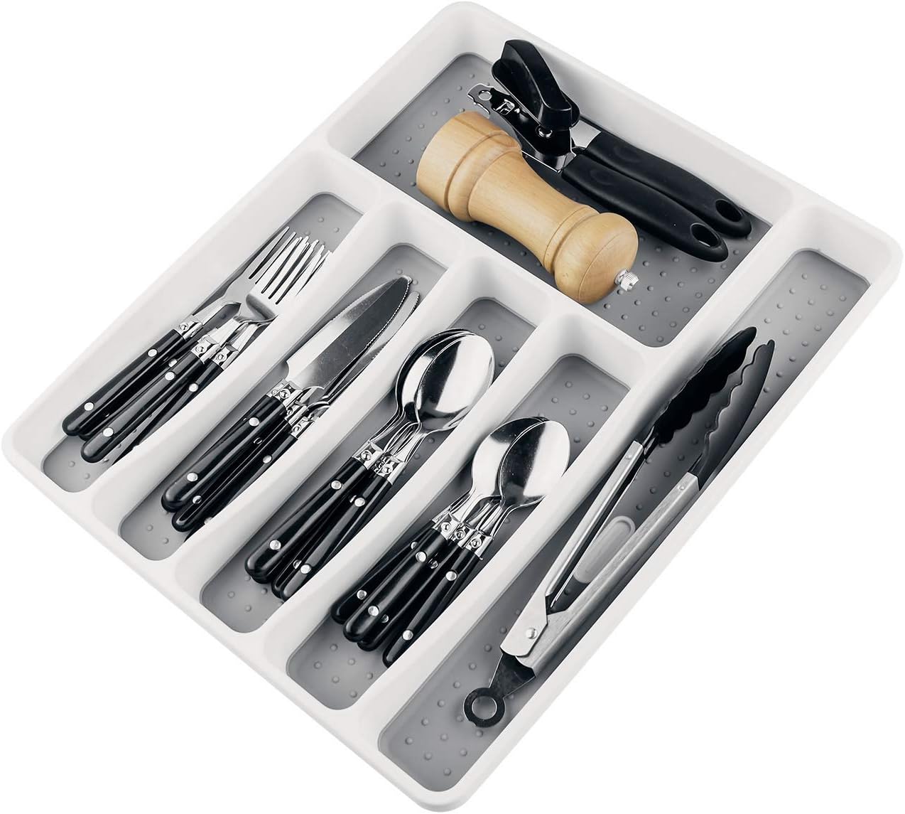 LeMuna Silverware Organizer Tray for Drawer, 6 Compartment Kitchen Drawer Organizer, Soft Grip Lining and Non-Slip Rubber Feet, Flatware Plastic Cutlery Tray