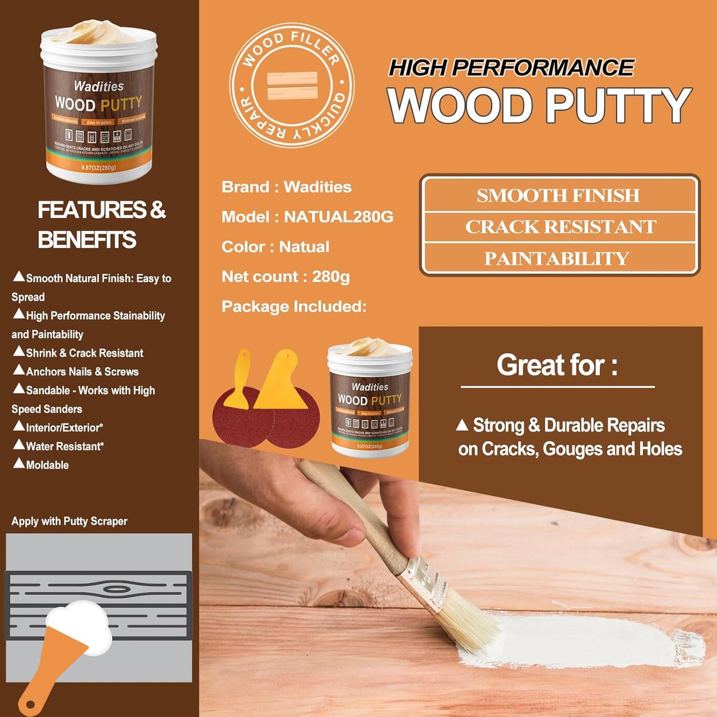 Natual Wood Filler, Natual Wood Putty, Paintable Stainable Wood Repair Putty, 9.87 Ounce Wood Furniture Repair kit, Quickly Repair Wood Cracks and Holes on Wooden Floor Furniture (Natual)