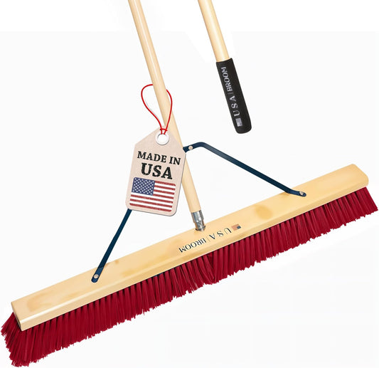 USA Broom 36" Everyday Sweep Indoor/Outdoor Push Broom with 60" Handle. Ideal for Garages & Shops. Durable American Made Steel Brackets-All Stainless Steel Hardware. No Plastic. 100% Made in The USA.