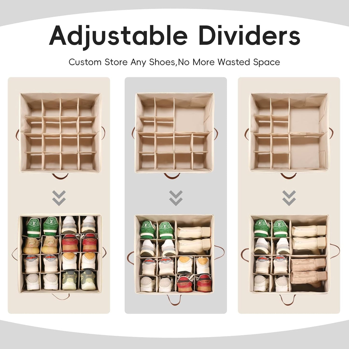Shoe Organizer for Closet, 3 Pack Shoe Storage Bins with Clear Cover, Adjustable Dividers Fits 24-48 Pairs, Beige