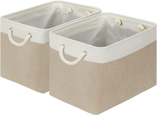 DULLEMELO Storage Baskets Large 16"x12"x12" Tall Rectangular Baskets Fabric Storage Bins for Organizing, Collapsible Shelf Baskets Boxes for Closet, Clothes, Toys (2 Pack,White&Khaki)