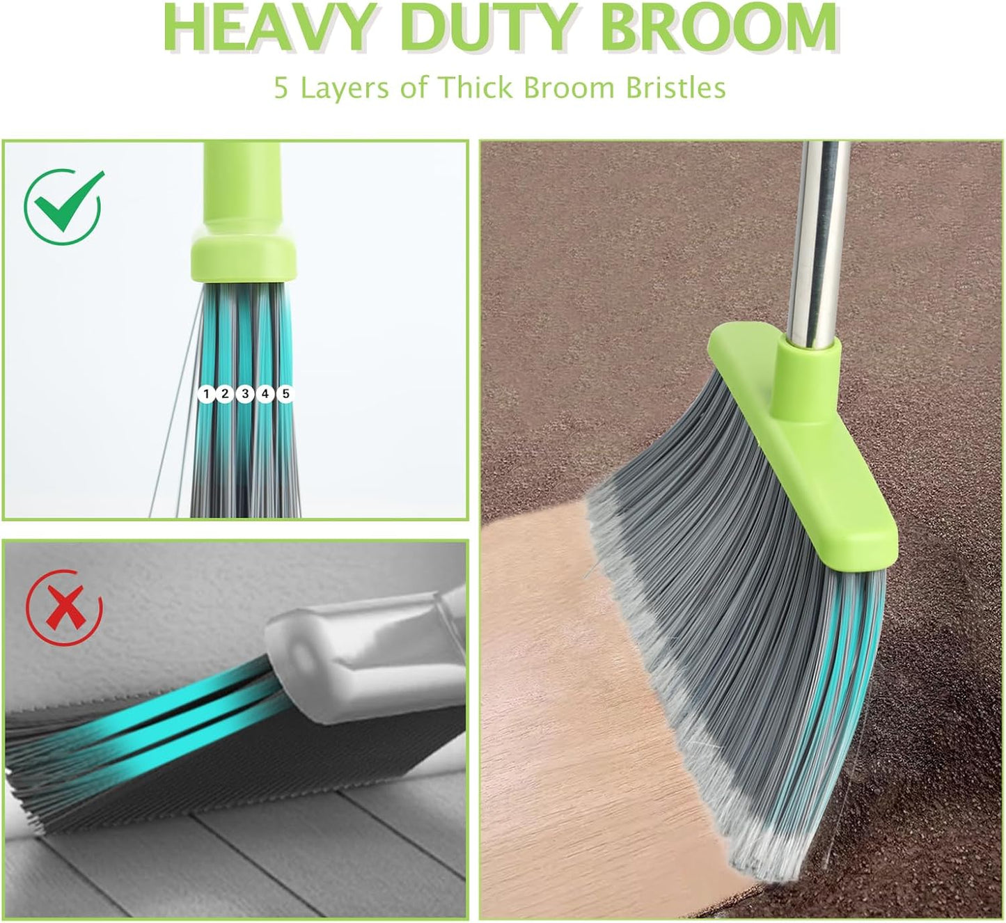 Broom and Dustpan Set, Dustpans with Broom Combo for Home, Heavy Dust Broom and Dustpan Combo, Long Handle Dust Pan and Broom Set for Kitchen, Office, Pet Hair(Gray Green)