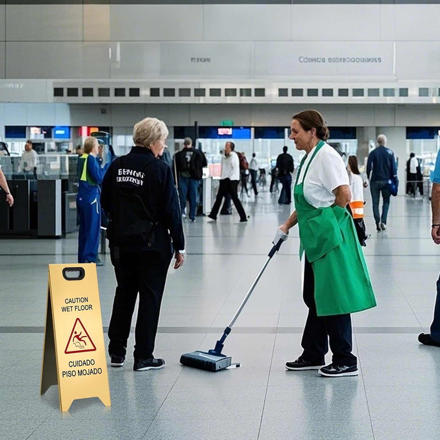 2 Pcs 24 Inch Stainless Steel Wet Floor Sign, Heavy Duty Caution Wet Floor Sign Double Sided Portable Foldable Bilingual Safety Warning for Restaurant Restroom Office Avoid Fall (Gold)