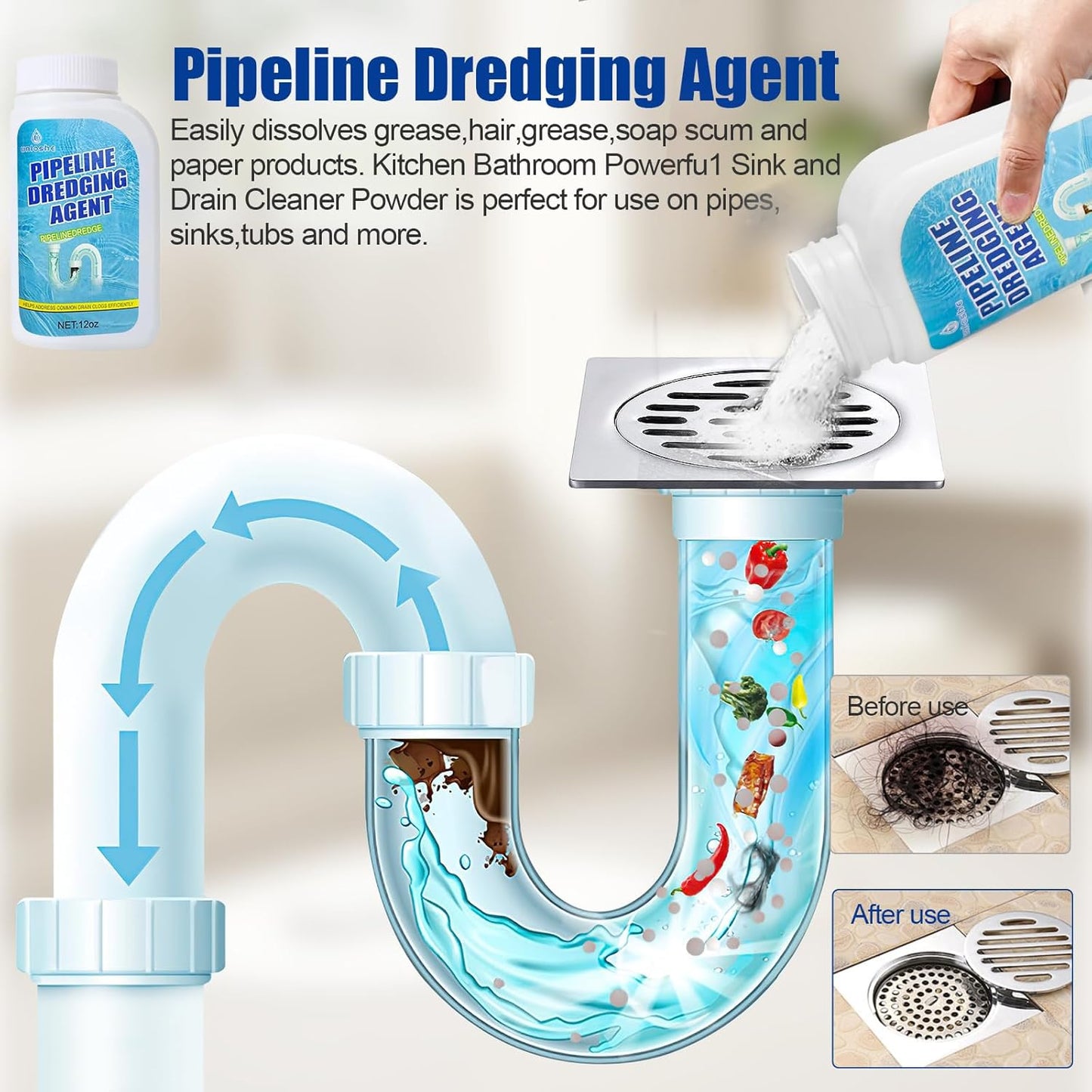Pipeline Dredging Agent, Drain Clog Remover, Powerful Unclog Sink Drain Cleaner, for Kitchen Bathroom Sinks, Tubs Pipe Cleaning Tool (2PCS)