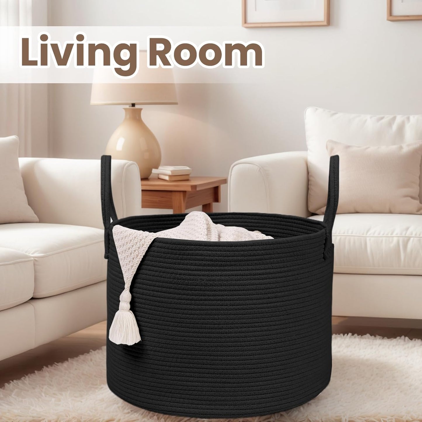 Woven Blanket Basket,115L Large Rope Storage Bin with Handles, Organizer for Blankets Toys Book and Clothes, Laundry Basket for Living Room Bedroom Nursery,Black