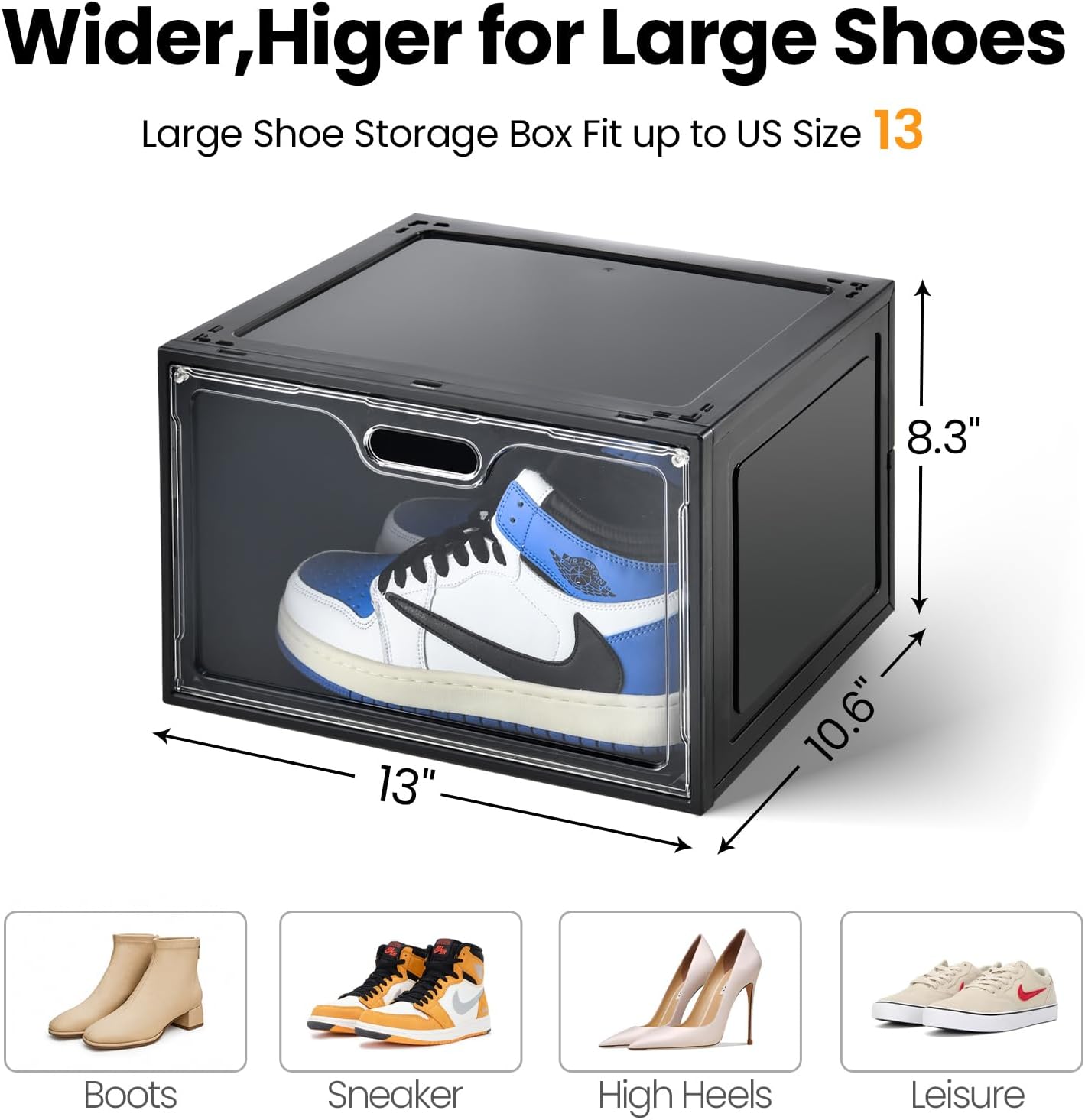 8 Pack Shoe Boxes Black Plastic Stackable, Large Shoe Storage Organizer,Drop Side Front Shoe Containers for Entryway,Sneaker Storage Fit up to US Size 13 for Men/Women(13’’x 10.6”x 8.3”)