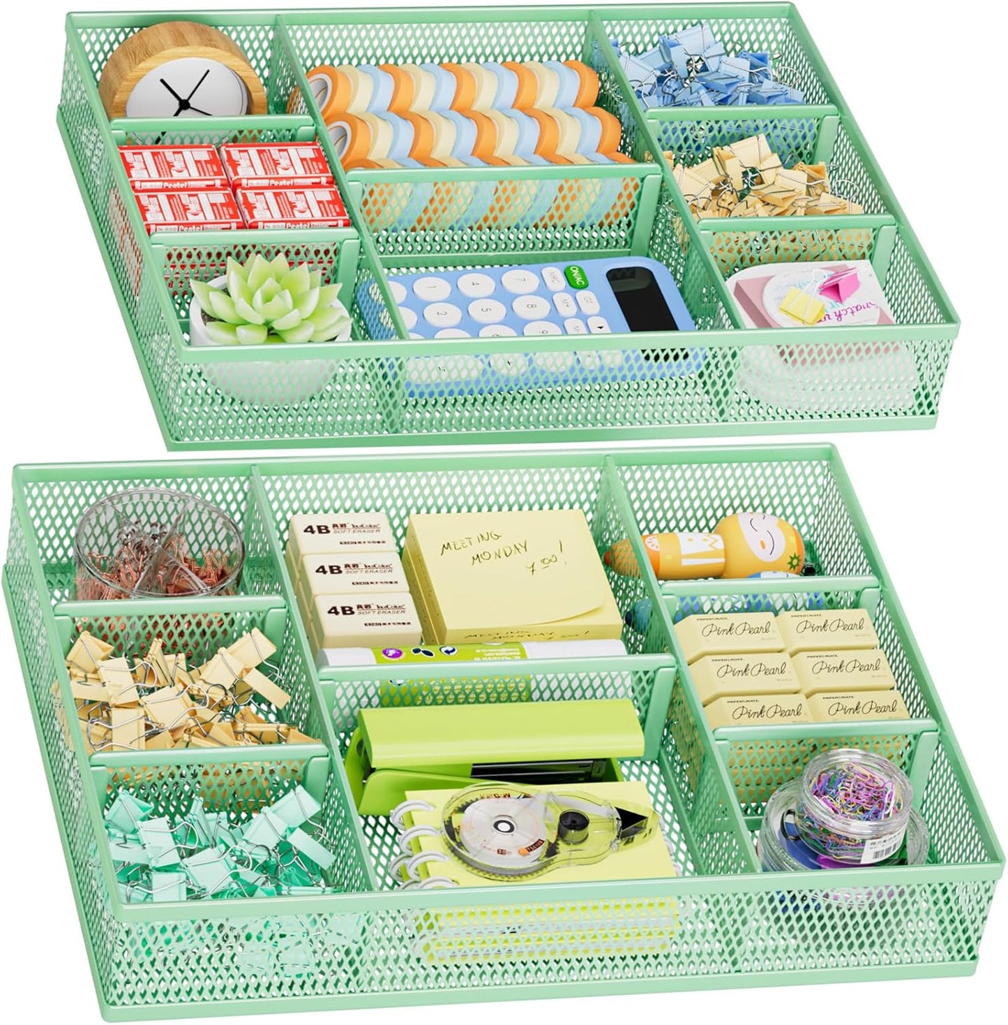 Marbrasse 2 Pack Desk Drawer Organizer, Mesh Drawer Organizer Tray with 8 Adjustable Compartments, Desk Organizers and Accessories, 5 Dividers Drawer for Office Supplies, Makeup & Vanity (Green)