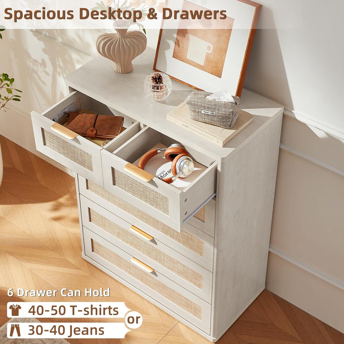 LEYAOYAO White Dresser for Bedroom Set of 2, 42" Tall Chest of Drawers, Modern 6 Drawers Boho Rattan Dressers with Storage, Dresser Wooden Closet Organizer for Living Room, Hallway