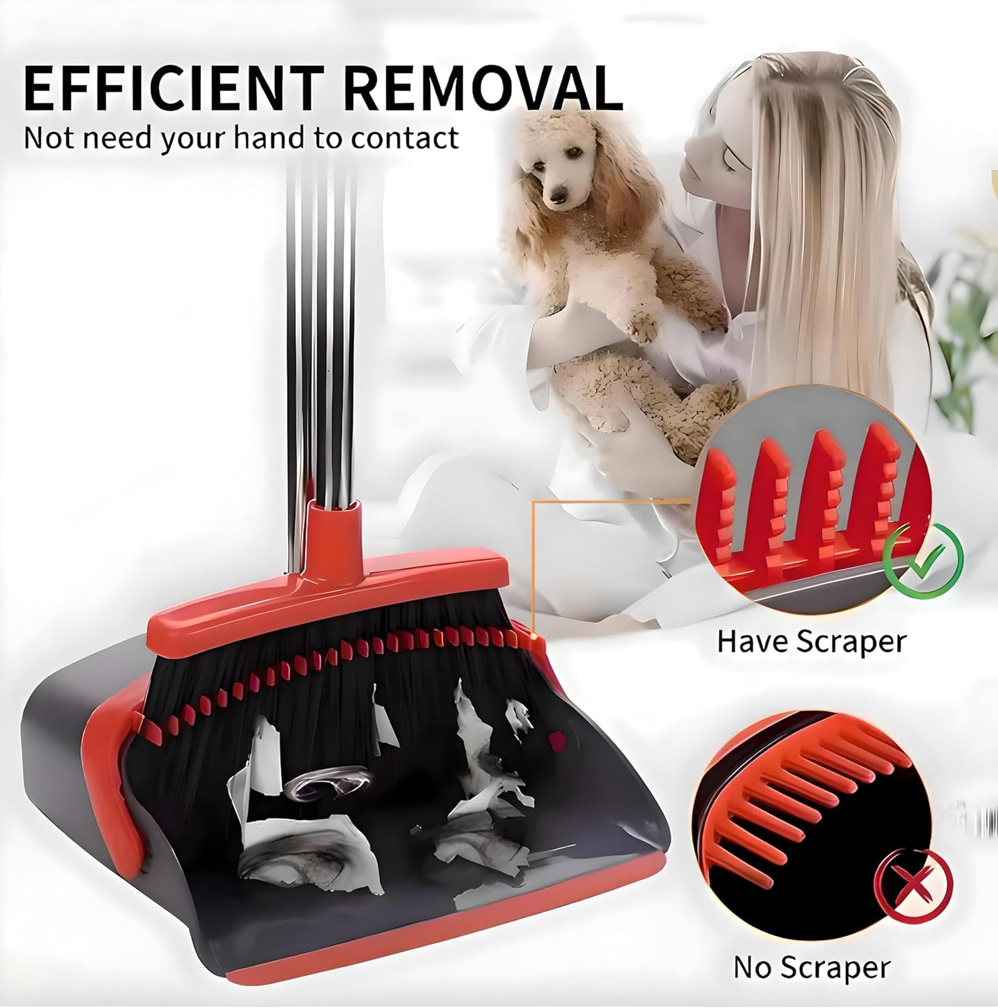 Upright Broom and Dustpan Set with Long Handle, Standing Dustpan with Broom Clip, Indoor Cleaning Set for Home
