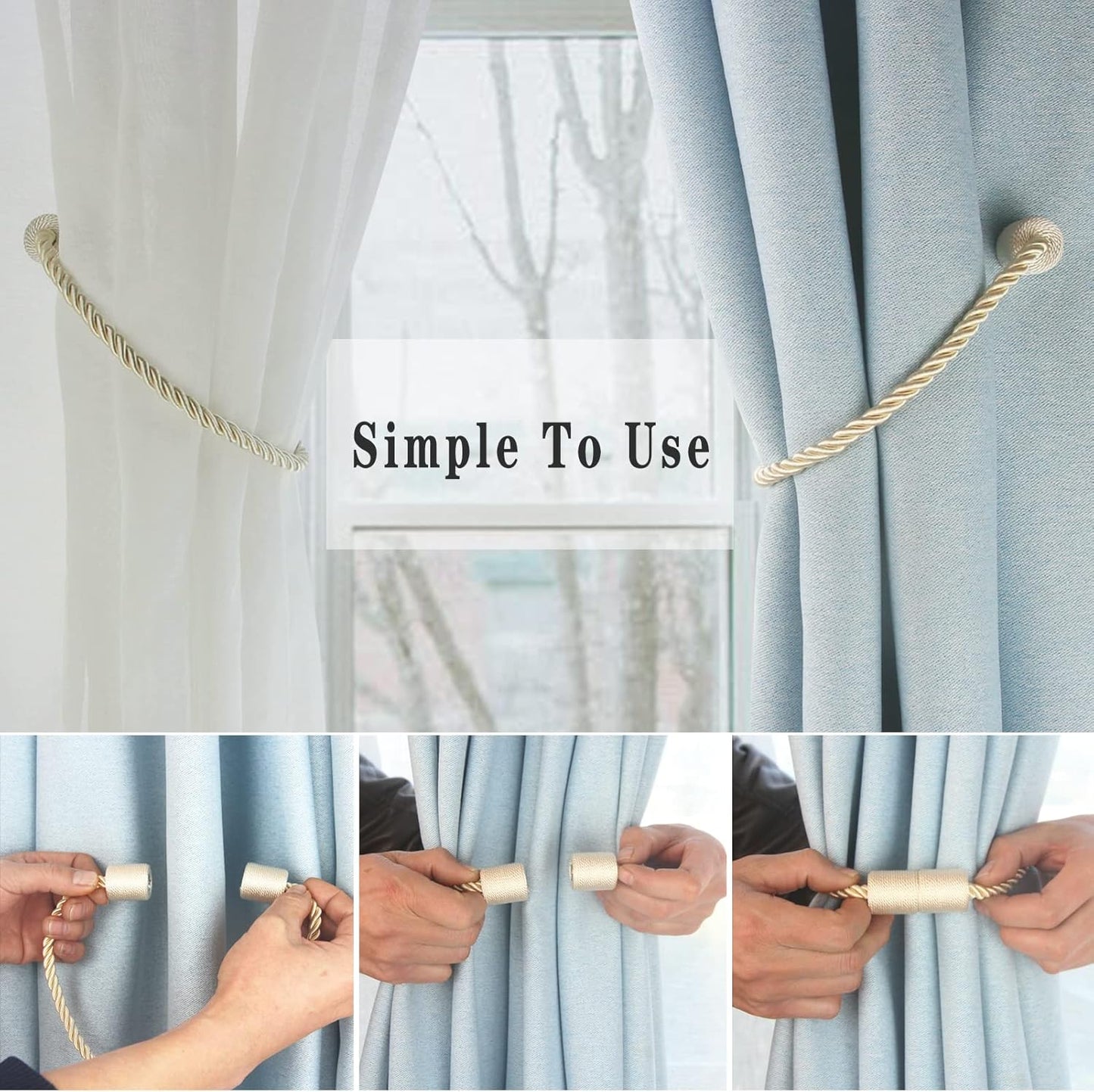 Magnetic Curtain Tiebacks 6 Pack Beige Curtain Rope Tieback Curtain Holders for Drapes Modern Tie Backs Decorative Curtain Holdbacks
