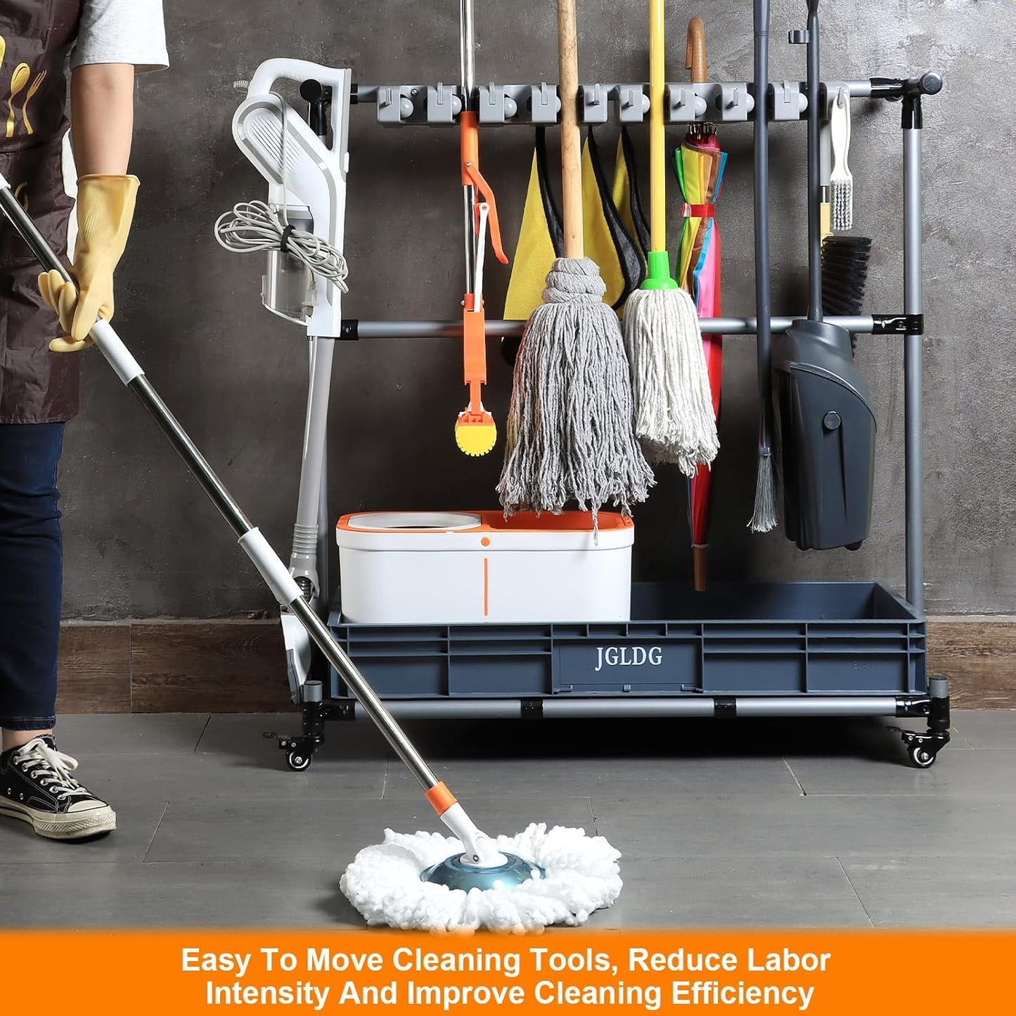 Mop and Broom Holder with Wheels - Keep Your Cleaning Tools Organized! (L)