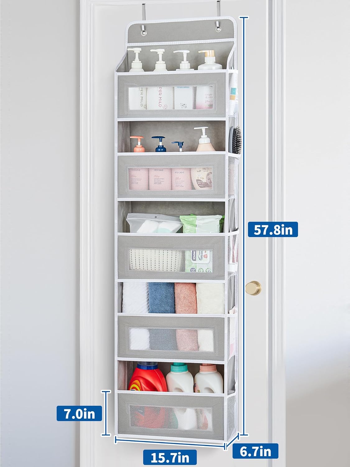 JARLINK Over The Door Organizer, 5 Shelf Door Hanging Organizer with 5 Large Pockets, 44 lbs Weight Capacity Hanging Storage for Bathroom, Bedroom, Nursery, RV, Pantry (Light Grey)