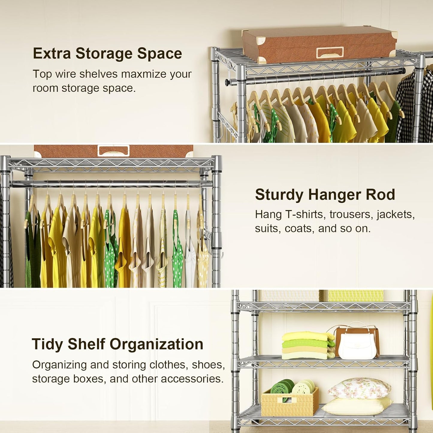Ulif E1 Heavy Duty Closet Garment Rack, 6 Tiers Adjustable Metal Freestanding Expandable Clothing Storage with 4 Hanger Rods, Easy to Assemble Wardrobe, 71.4" H x (70" - 88.2") L x 14" D, Chrome