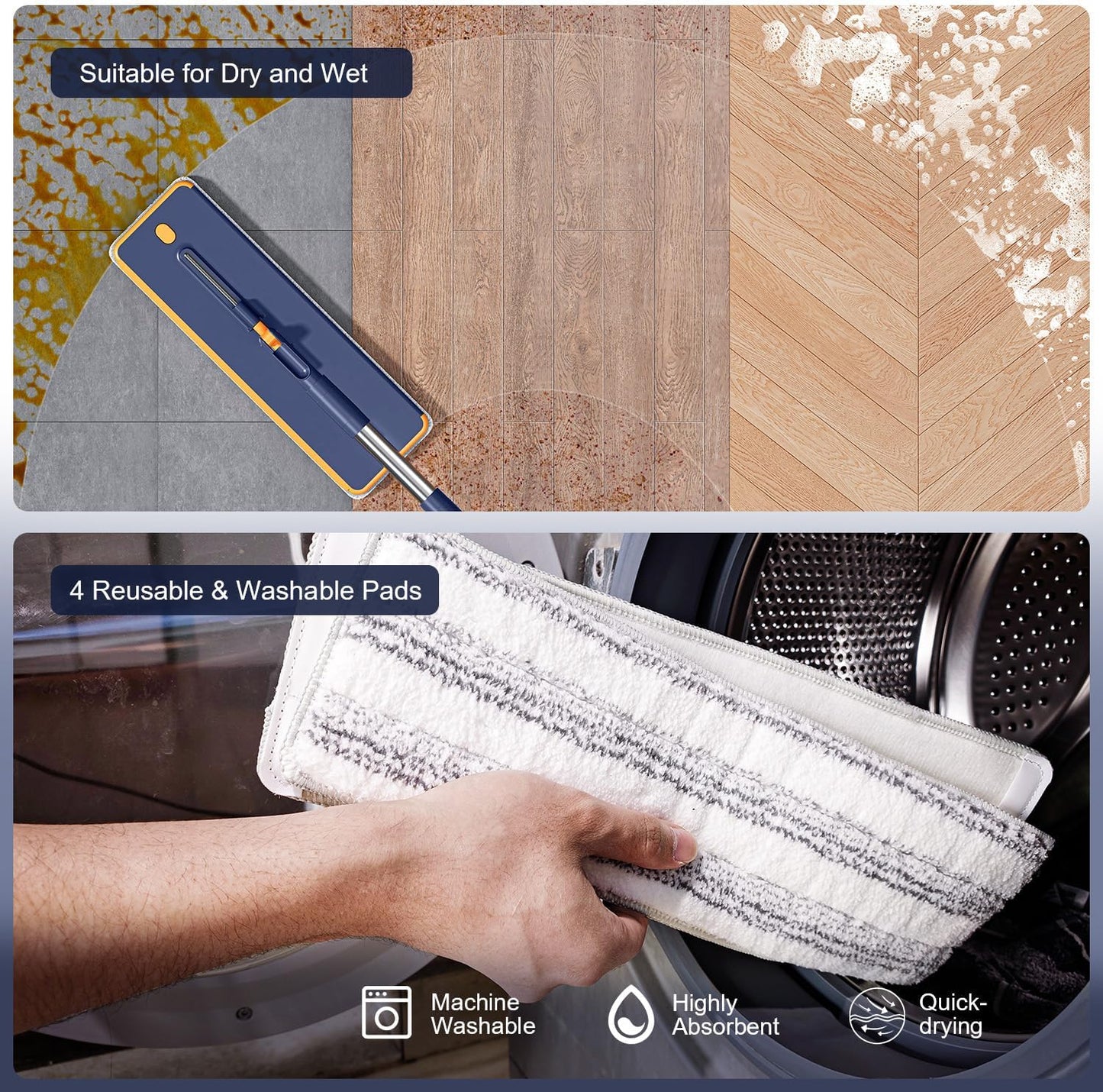 Mop and Bucket Set with Wringer, 3-Tank Flat Mop and Bucket System, Wall Mop Cleaner with Long Handle, Hands Free Mops for Floor Cleaning with 4 Microfiber Pads