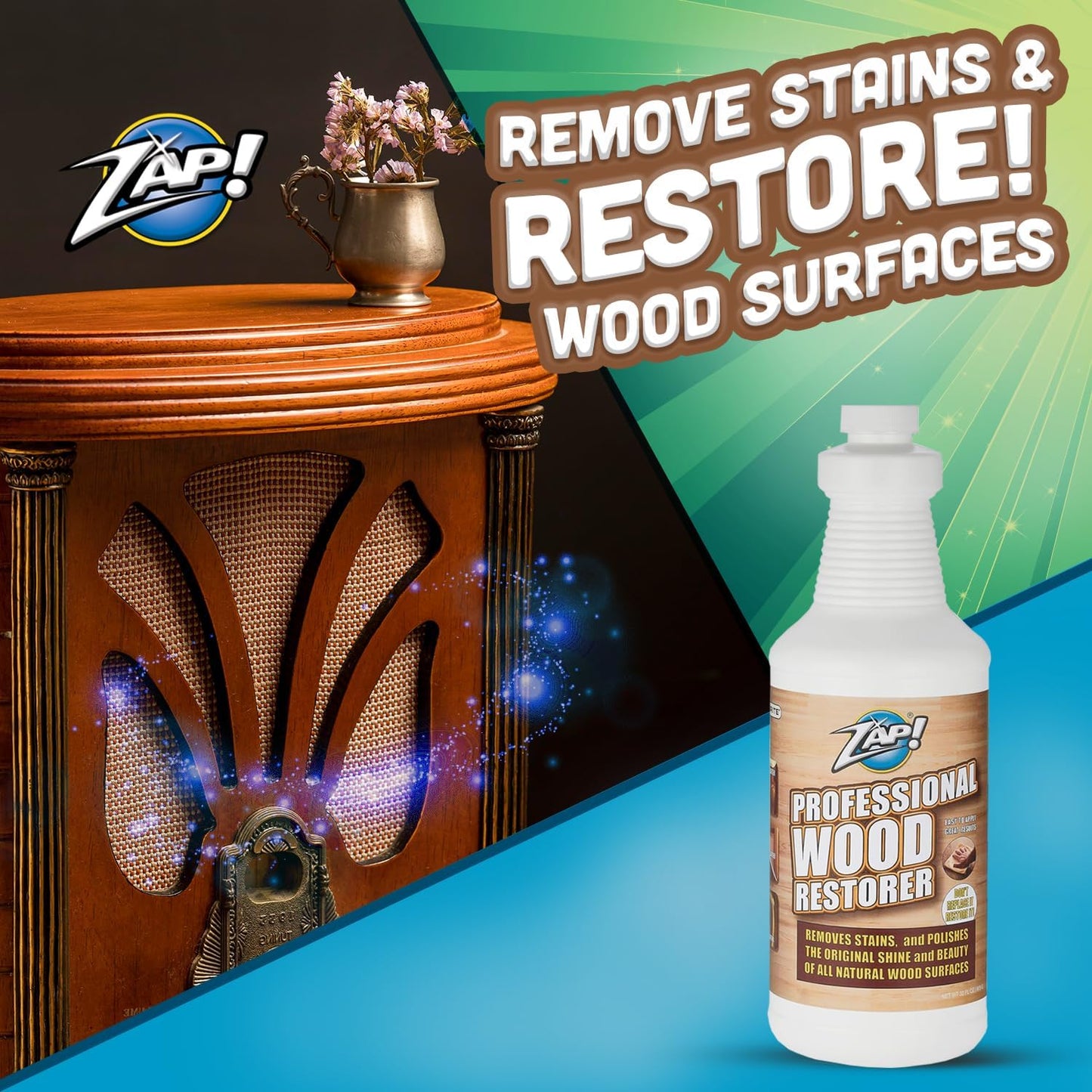 ZAP! Professional Wood Cleaner and Restorer | Clean, Polish, & Restore Wooden Furniture & Hardwood Floors | Kitchen Cabinet & Table | Deep Wood Cleaner for Heavy Duty Cleaning | 32 oz