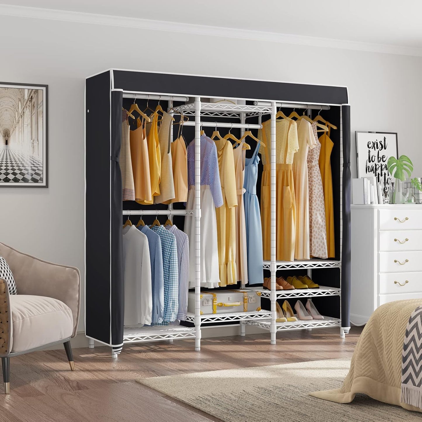 VIPEK V5C Covered Clothes Rack Heavy Duty Portable Closet Wardrobe, Freestanding White Metal Clothing Rack with Black Dustproof Cover, Adjustable Custom Closet Rack, 57.9"L x 17.3"W x 76.4"H (Medium)