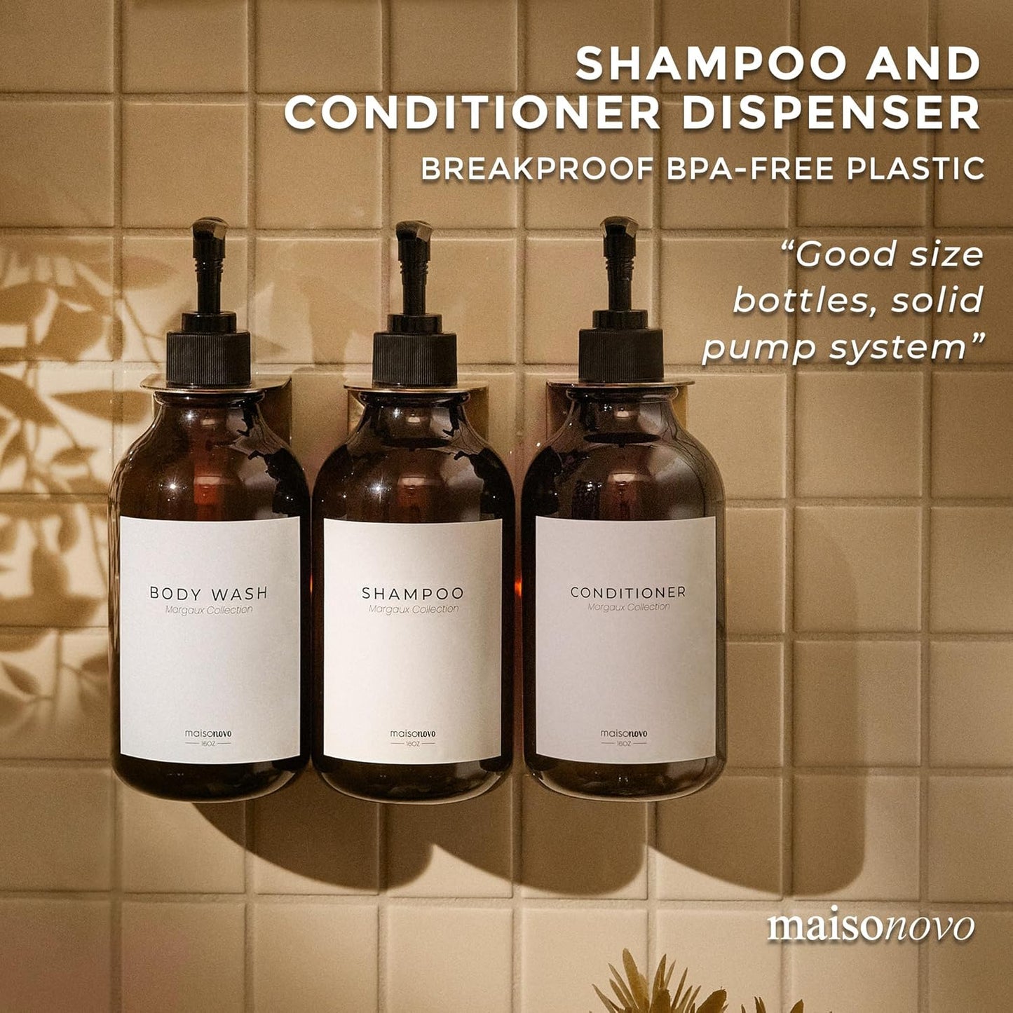 MaisoNovo Shampoo and Conditioner Dispenser - Shower Soap Dispenser Wall Mounted - 16.9 fl oz Set of 3 Amber Plastic Bottles Black Pump - 3 Chamber No Drill