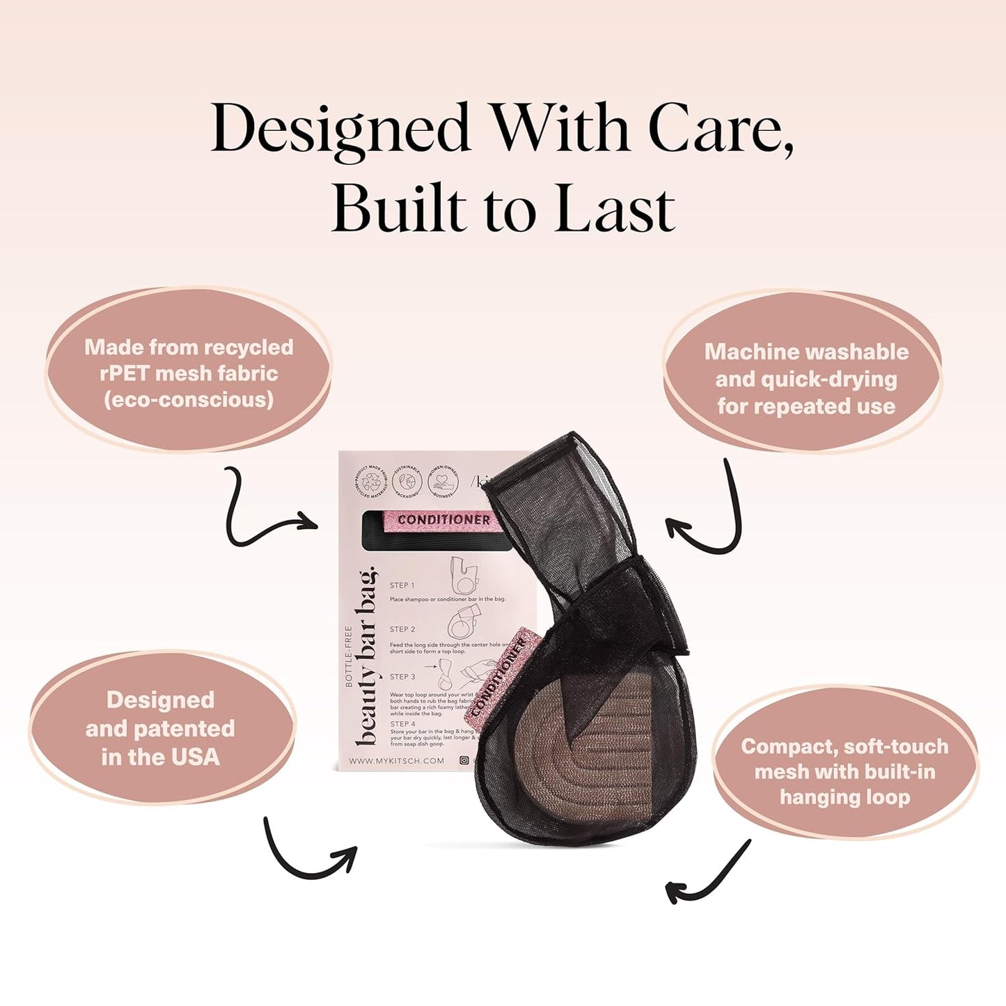 Kitsch Bar Soap Saver Bag – Patented Mesh Bag Soap Holder for Shampoo and Conditioner Bars - Extends Use & Prevents Soggy Mess - Recycled Mesh Beauty Pouch, Eco-Friendly – Black