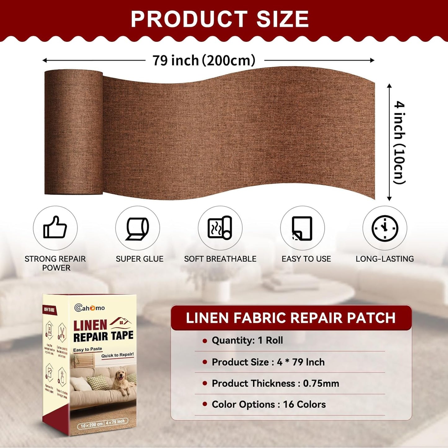 Linen Repair Tape 4x79 inch, Self Adhesive Fabric Patches, Linen Patch Tape Kit, Fabric Repair Tape for Couch Sofas, Headboards, Chairs, Pillows, Curtains, Couches - Brown