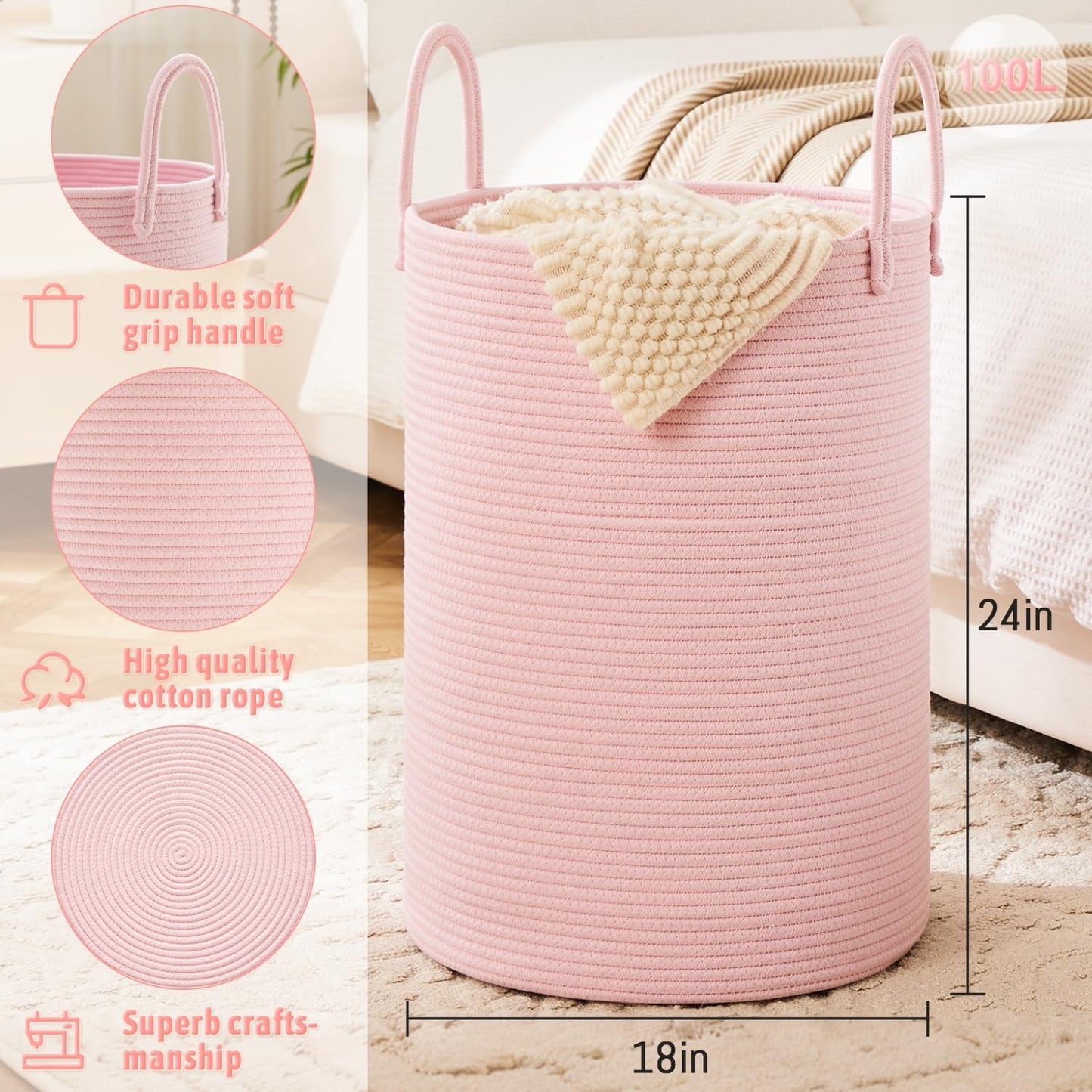 Laundry Basket,Woven Cotton Rope Laundry Hamper,100L for Decorative Storage of Dirty Clothes,Toys and Blankets in Bathroom,Baby Room and Living Room