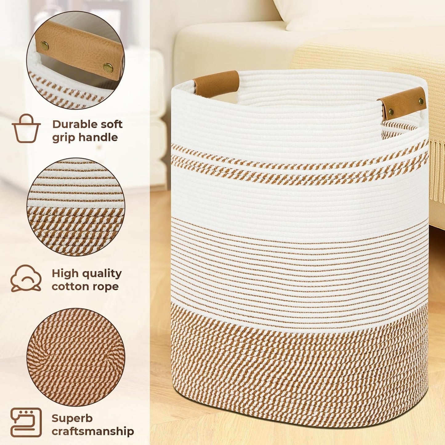 Laundry Basket with Handles - Blanket Basket & Hampers for Bedroom Aesthetic, Laundry Hamper & Blanket Storage for Living Room, Clothes Hamper, Tall, Large 17" x 14" x 22”, Brown & White