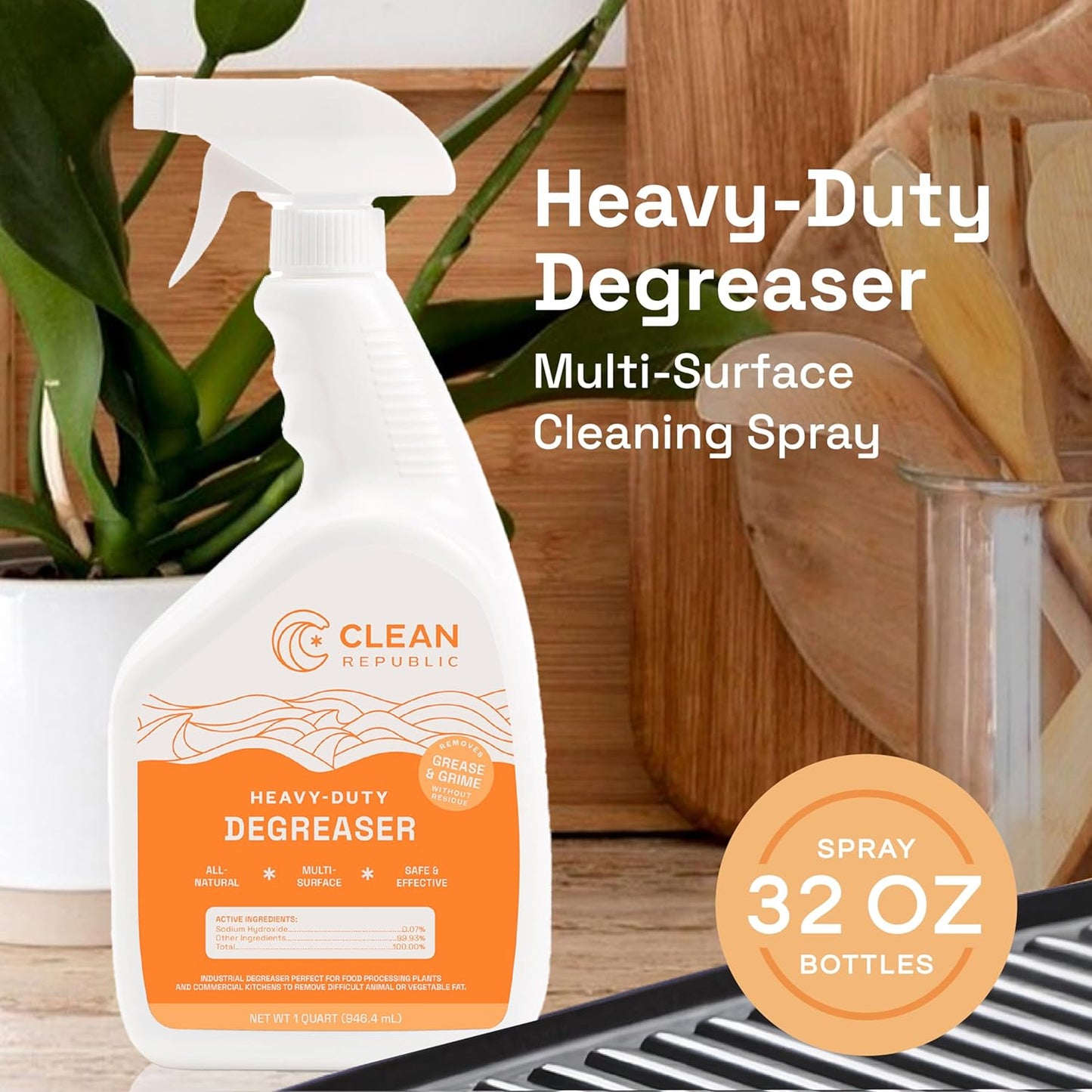 Clean Republic Heavy-Duty Degreaser, Multi-Surface Cleaning Spray for Ovens, Stove Tops, Grills, and More, 32 Fluid Ounce Bottle, 2-Pack