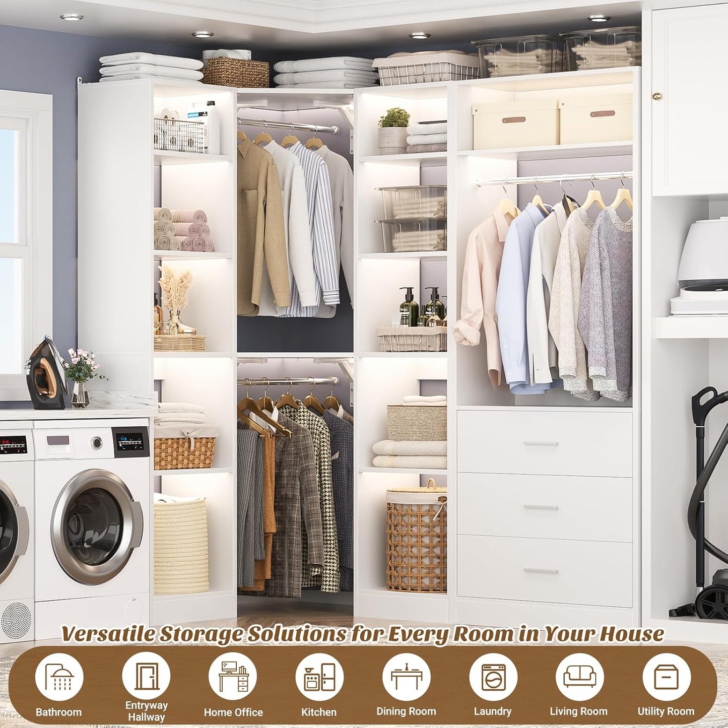 Corner Closet System with 3 Drawers, Corner Closet Organizer System with 13 Shelves & 3 Hanging Rods, 63.2"L * 39.2"W Reversible L Shaped Walk-in Closets, Load 2000+LBS, White