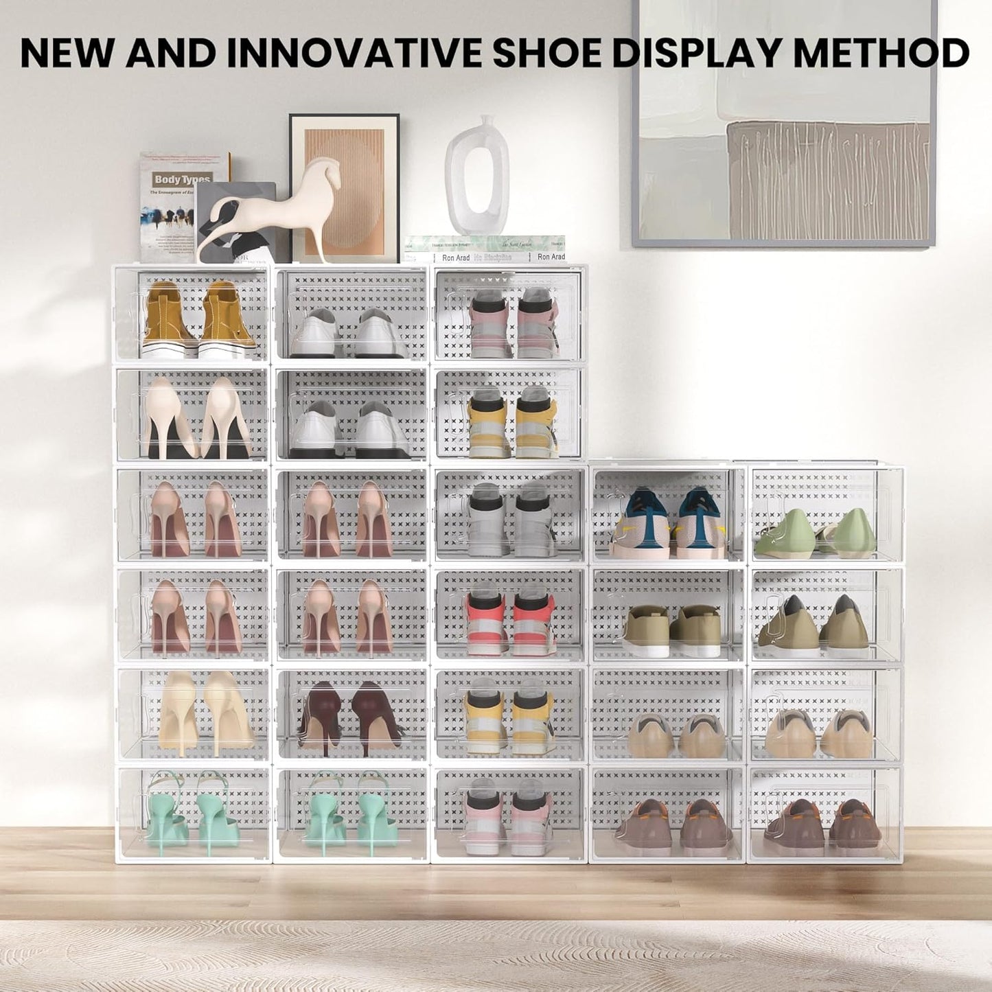 12 Pack XXX-Large Modular Clear Plastic Stackable Shoe Storage Organizer for Closet, Space Saving Versatile Sneaker Shoe Rack Containers Bins Holders, Portable Closet Organizers and Storage, White