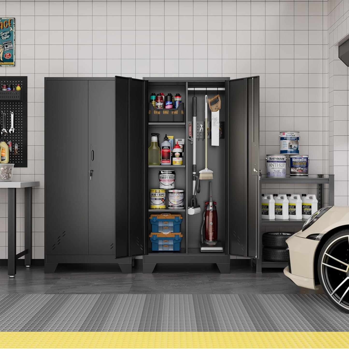 Metal Storage Cabinet with Locking Doors, 61" Tall Garage with Hanging Rod, Broom Closet, Freestanding Bathroom Storage Cabinet, Cleaning Tool,Black