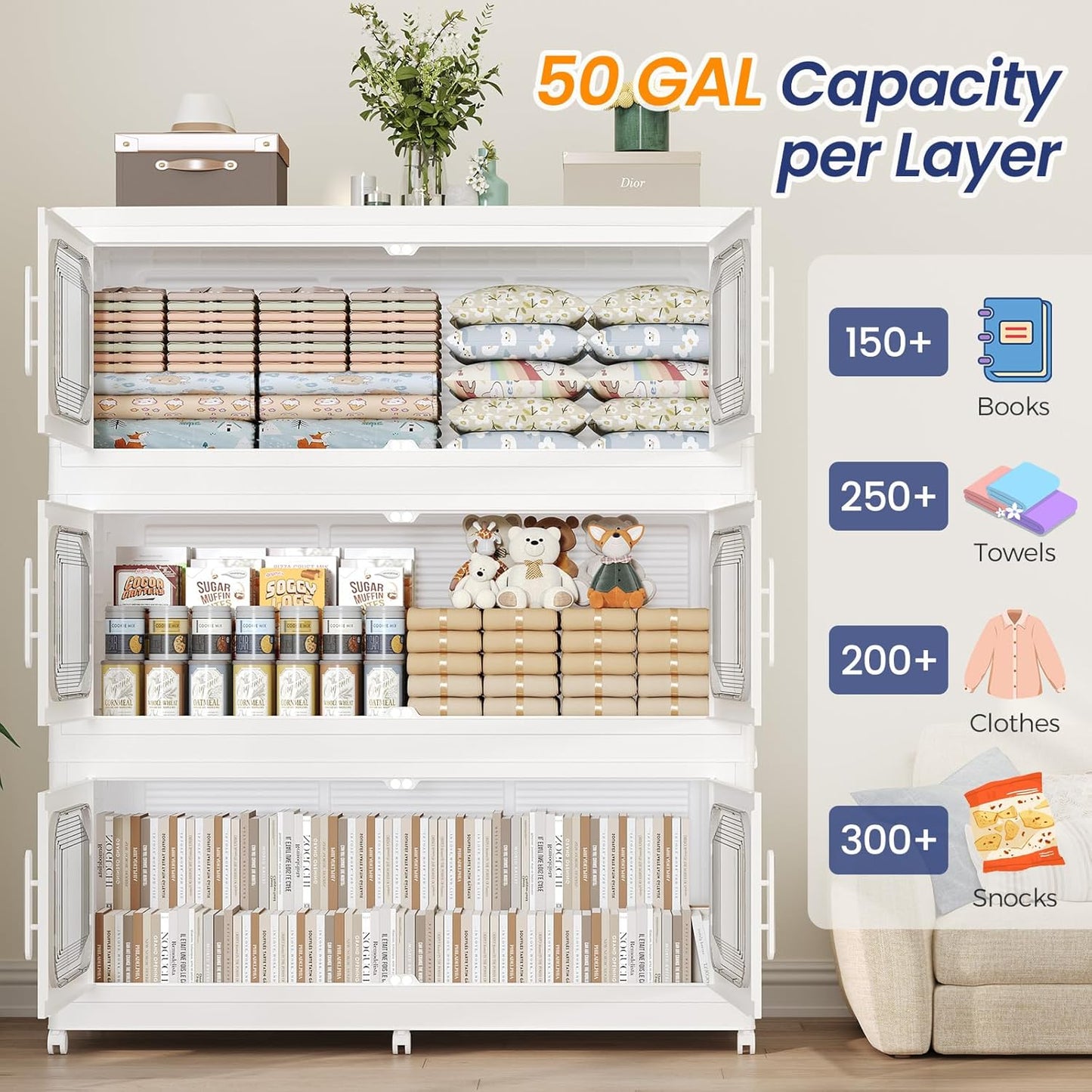 250GAL Extra Large Storage Bins with Lid, 1000QT Storage Bins with Wheels, Folding Closet Organizer, Stackable Collapsible Plastic Storage Containers for Home, Office, Dorm, 5Pack White