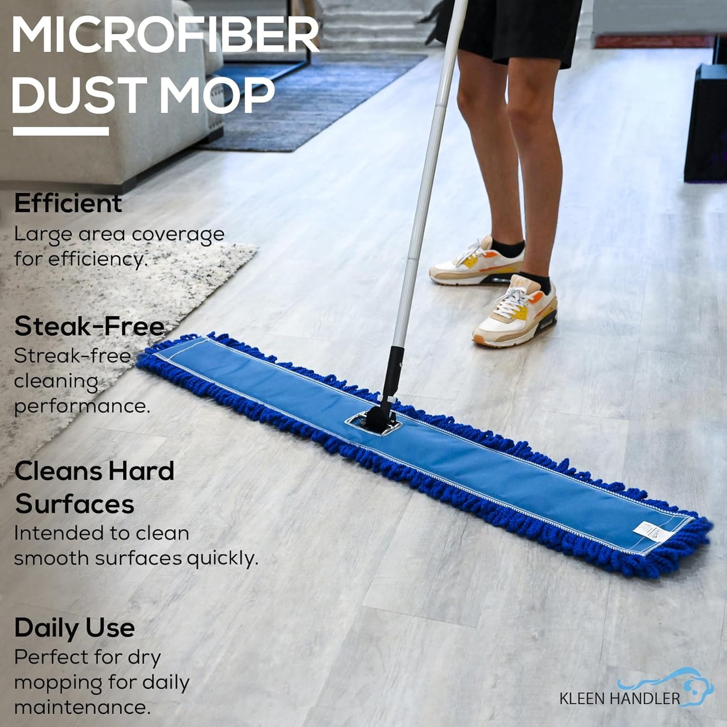 KLEEN HANDLER 48 Inch Microfiber Dust Mop, X-Large Washable Commercial, Sweeper, Janitorial Head Replacement, Push Mop Broom, Blue