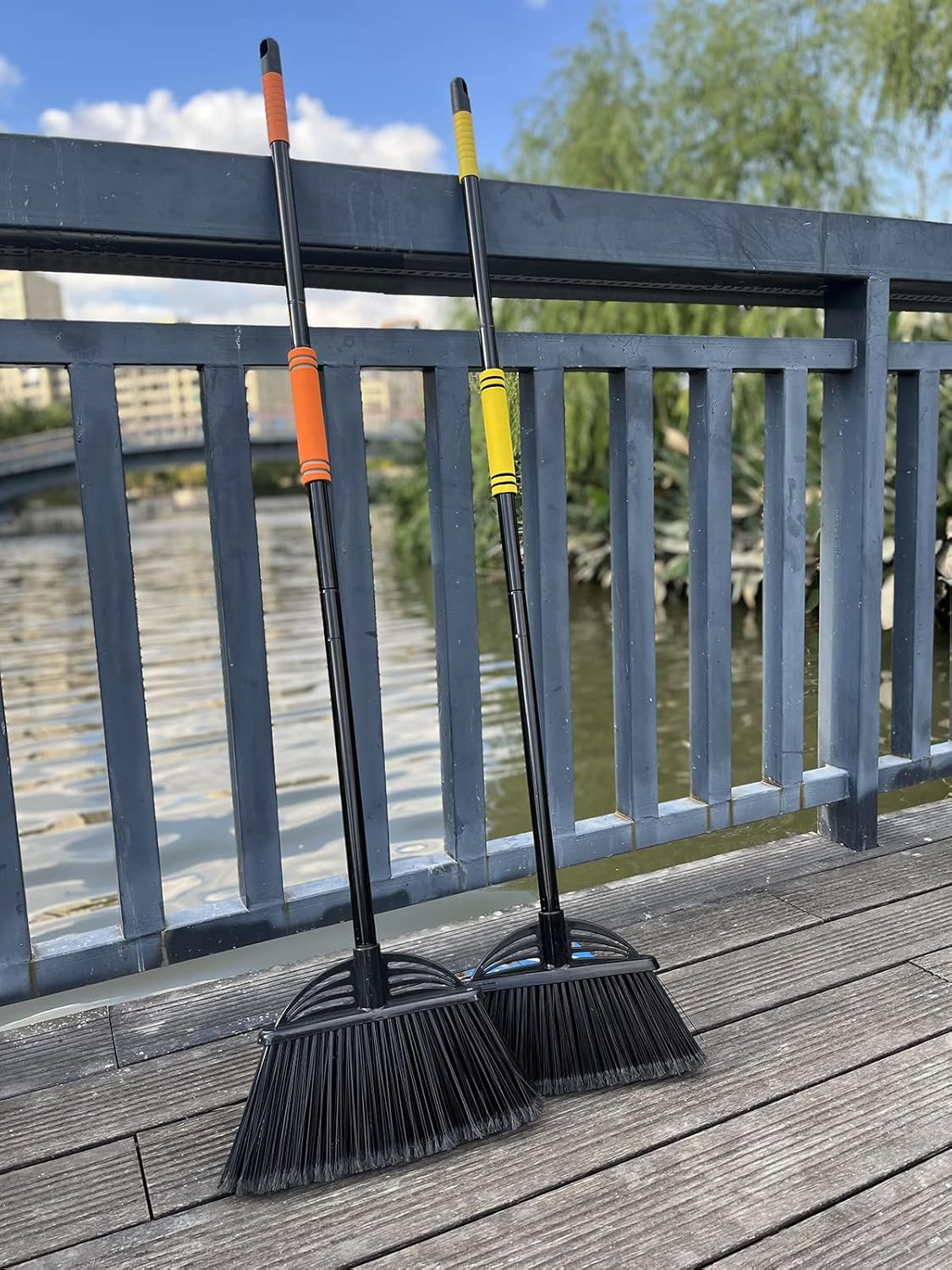 Four-Section Rod Long-Handled Broom,Heavy-Duty Broom, Angle Broom for Outdoor/Indoor（Black+Orange）