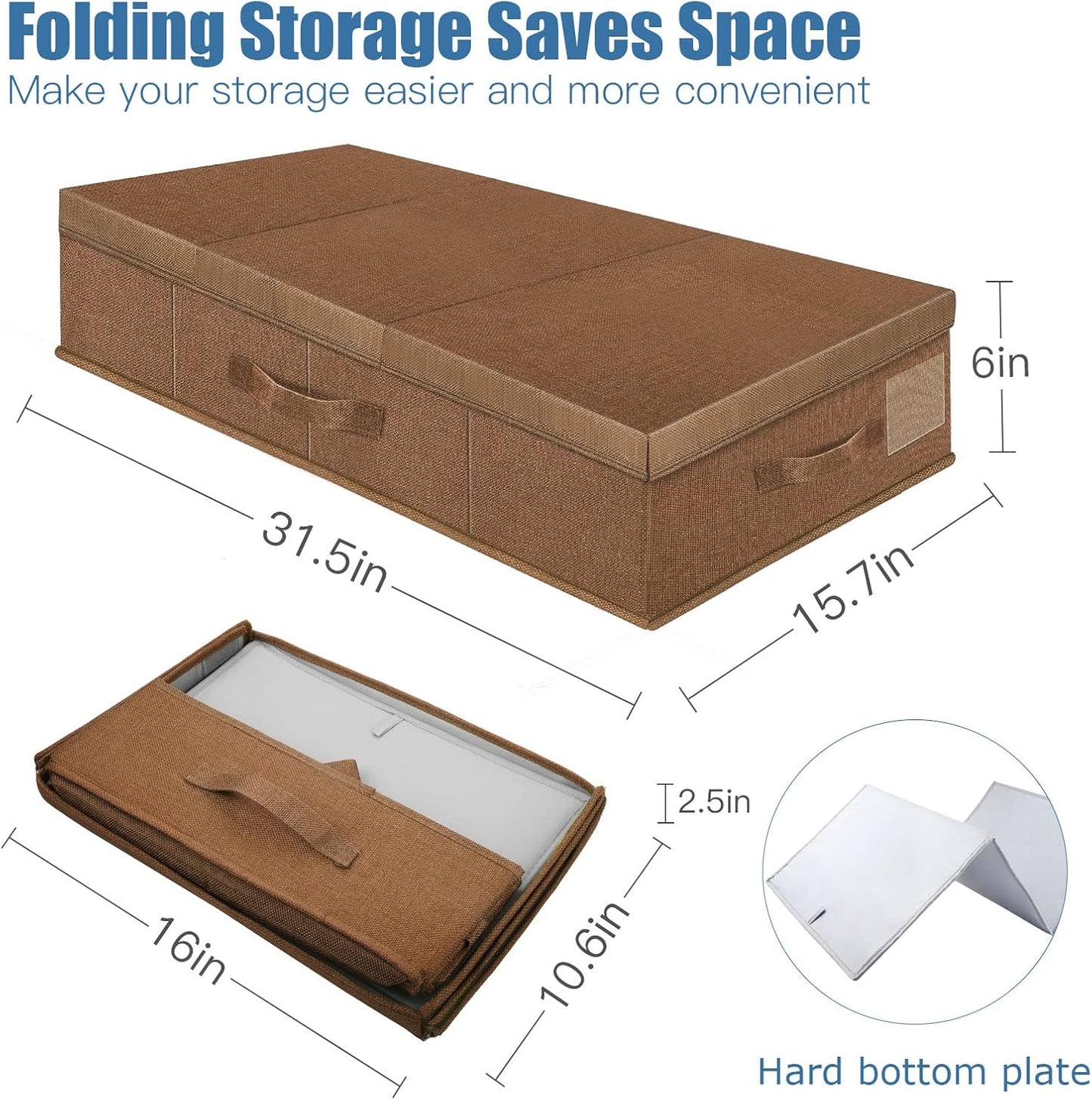 Underbed Storage Containers Bin with Lids (2pcs) Large Under Bed Storage Organizer Box with Handle, Foldable Under the Storage Bags for Organizing Clothes, Shoes, Blankets, Pillows-Dark brown