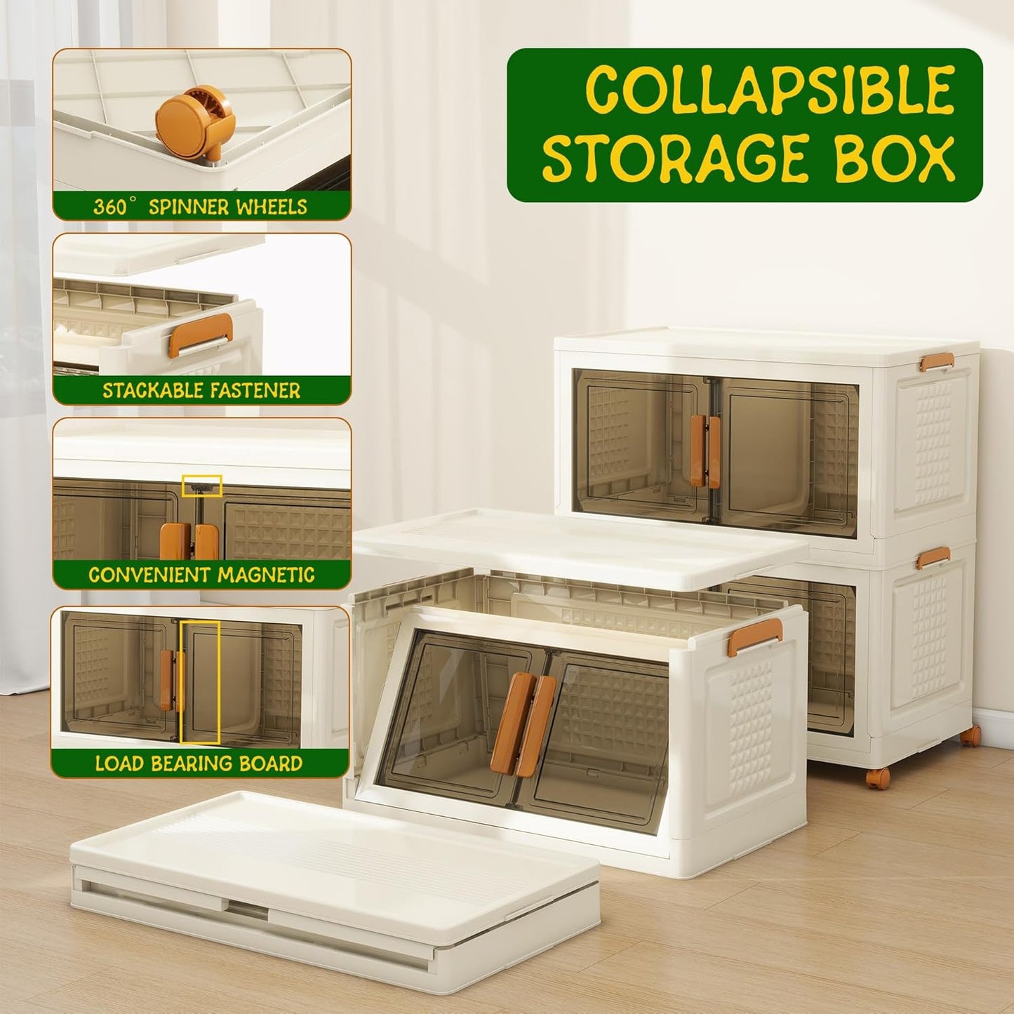 2 Tier Extra Large Stackable Storage Bins with 1 Lid 155 QT/Tier, Collapsible Plastic Box Storage with Wheels, Home Containers Boxes Closet Organizers for Living Room, Office, Dorm