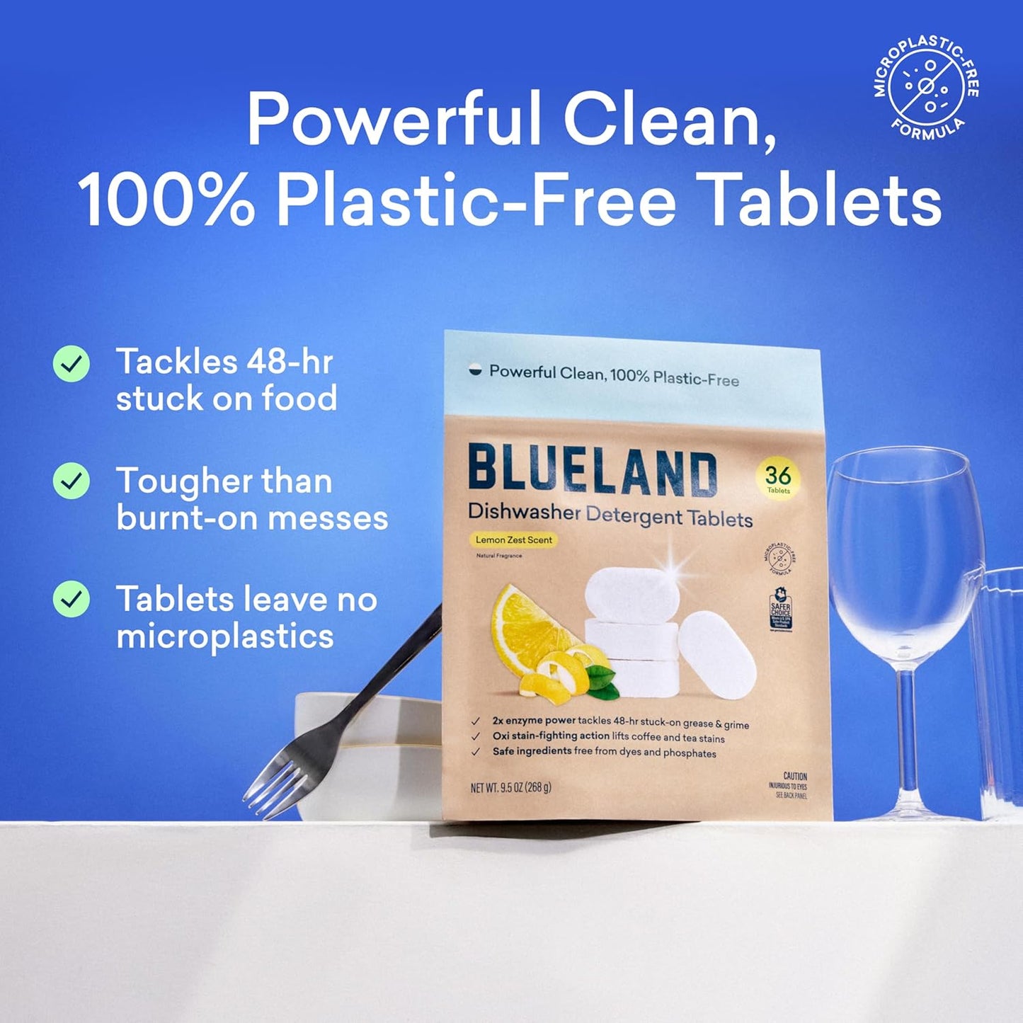 BLUELAND 100% Plastic-Free Dishwasher Detergent Tablets, Starter Set, 60 Count with tin, Lemon Zest, Eco-Friendly Dishwashing Pods, Natural, USDA Certified biobased