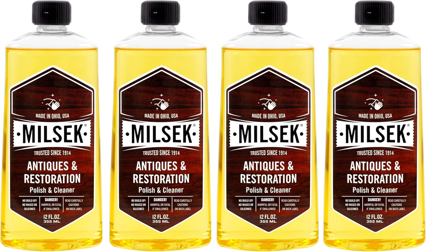 Milsek Antiques & Restoration Polish & Cleaner - Home Essential Cleaning Supplies for Home Improvement of any Wood Antiques or Heirlooms - 12 Fl Oz (Pack of 4)