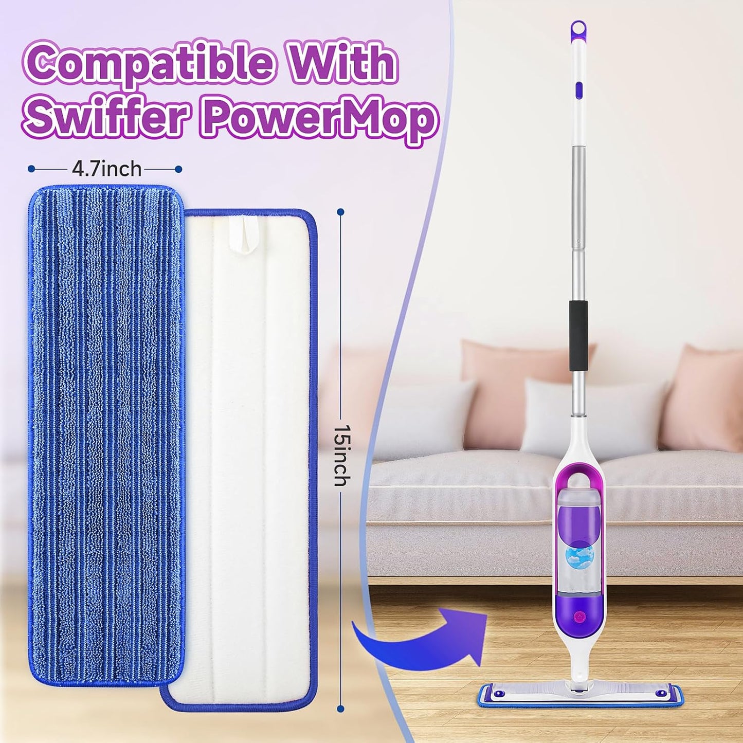 8 Pack Reusable Mop Pads Compatible for Swiffer PowerMop,Microfiber Mop Replacements Pads for 13''-15'' Spray Mop, Machine Washable Power Mop Pads for Swiffer,Dry Wet Spray Floor Pads, Blue