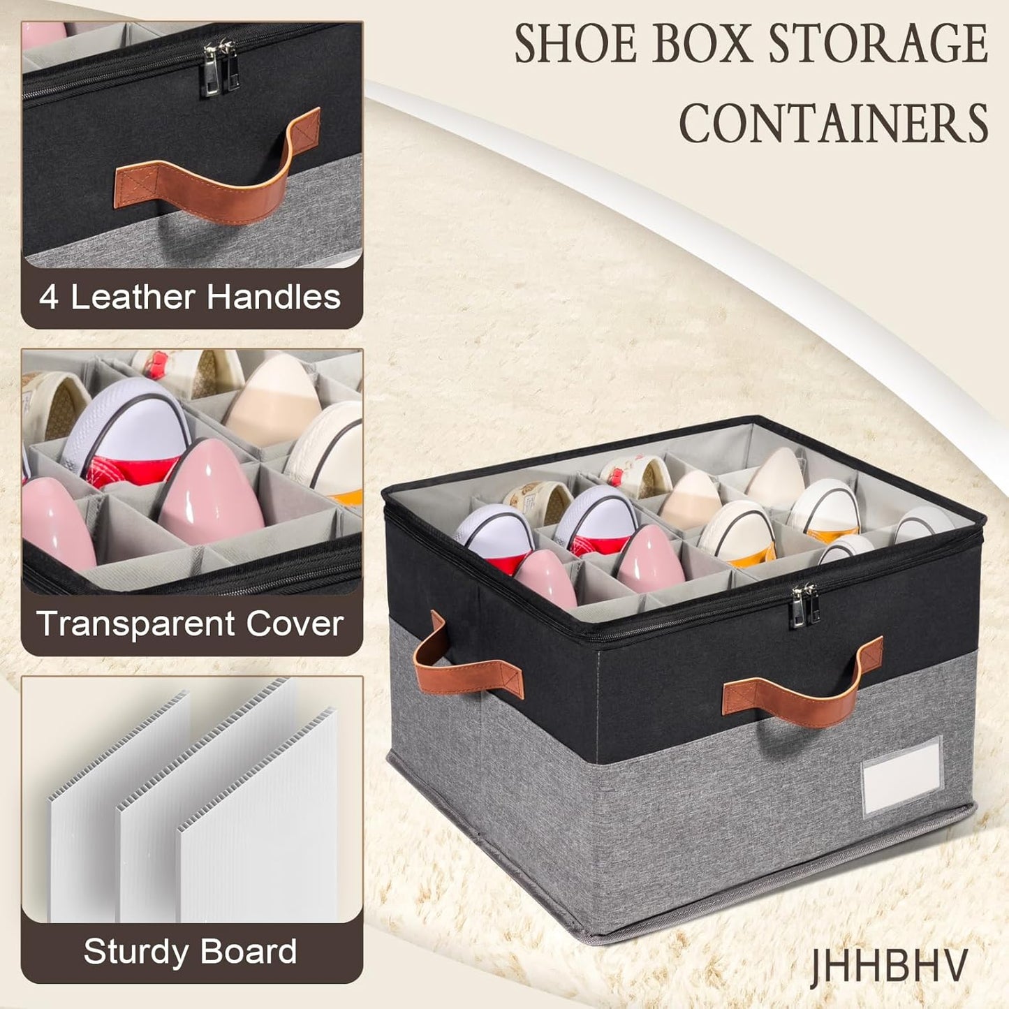 1 Pack Shoe Organizer for Closet, Adjustable Shoe Box Storage Containers, Large Foldable Shoe Bins with Clear Cover, Space Saving Shoes Holder with 4 Handles, Fits 8-16 Pairs, Black