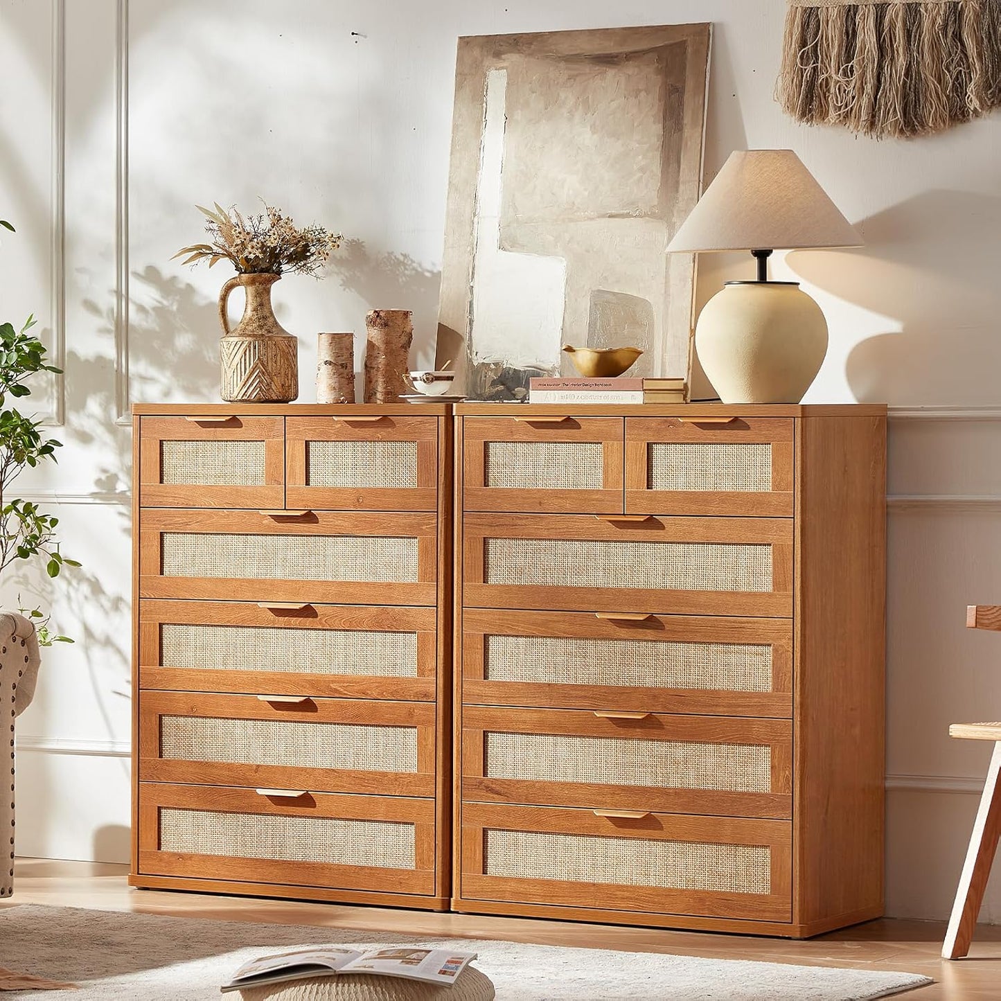 LEYAOYAO Rattan Dresser for Bedroom, 42" Tall Chest of Drawers, Modern 6 Drawers Boho Dressers with Storage, Vintage Brown Dresser Wooden Closet Organizer for Living Room, Hallway