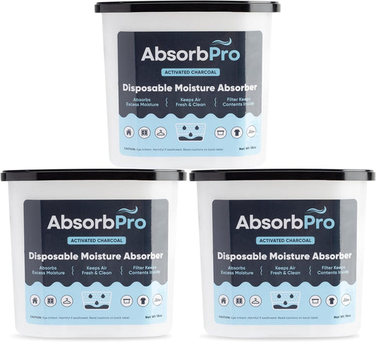 Moisture Absorber Tub with Activated Charcoal - 3-Pack - 18 oz Disposable Odor Eliminator Box & Dehumidifier for Garage, Home, Kitchen, Bedroom, Bathroom, Closet, Cars, and Boats