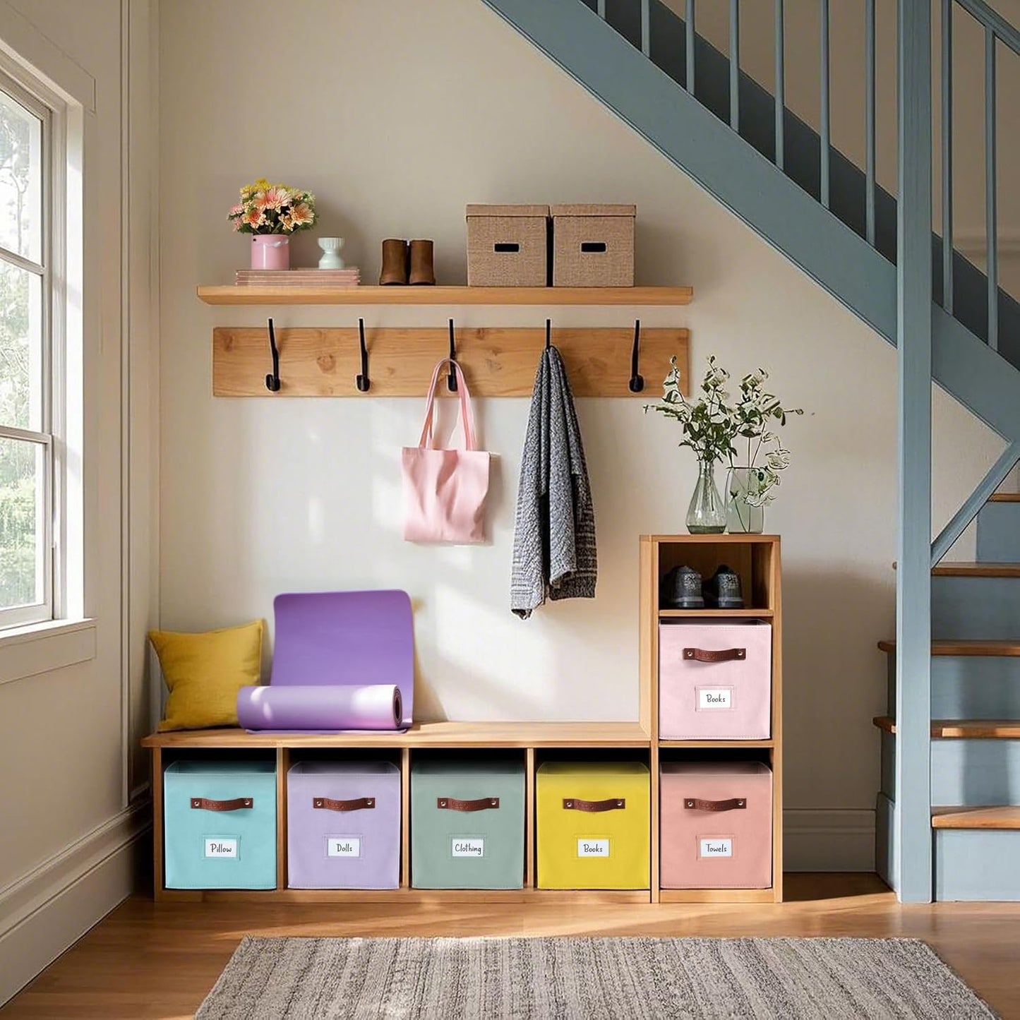 DECOMOMO Storage Bins, Cube Storage Bin with Labels, Fabric Storage Cubes for Shelves (10.5" x 11" / 6pcs, Rainbow)