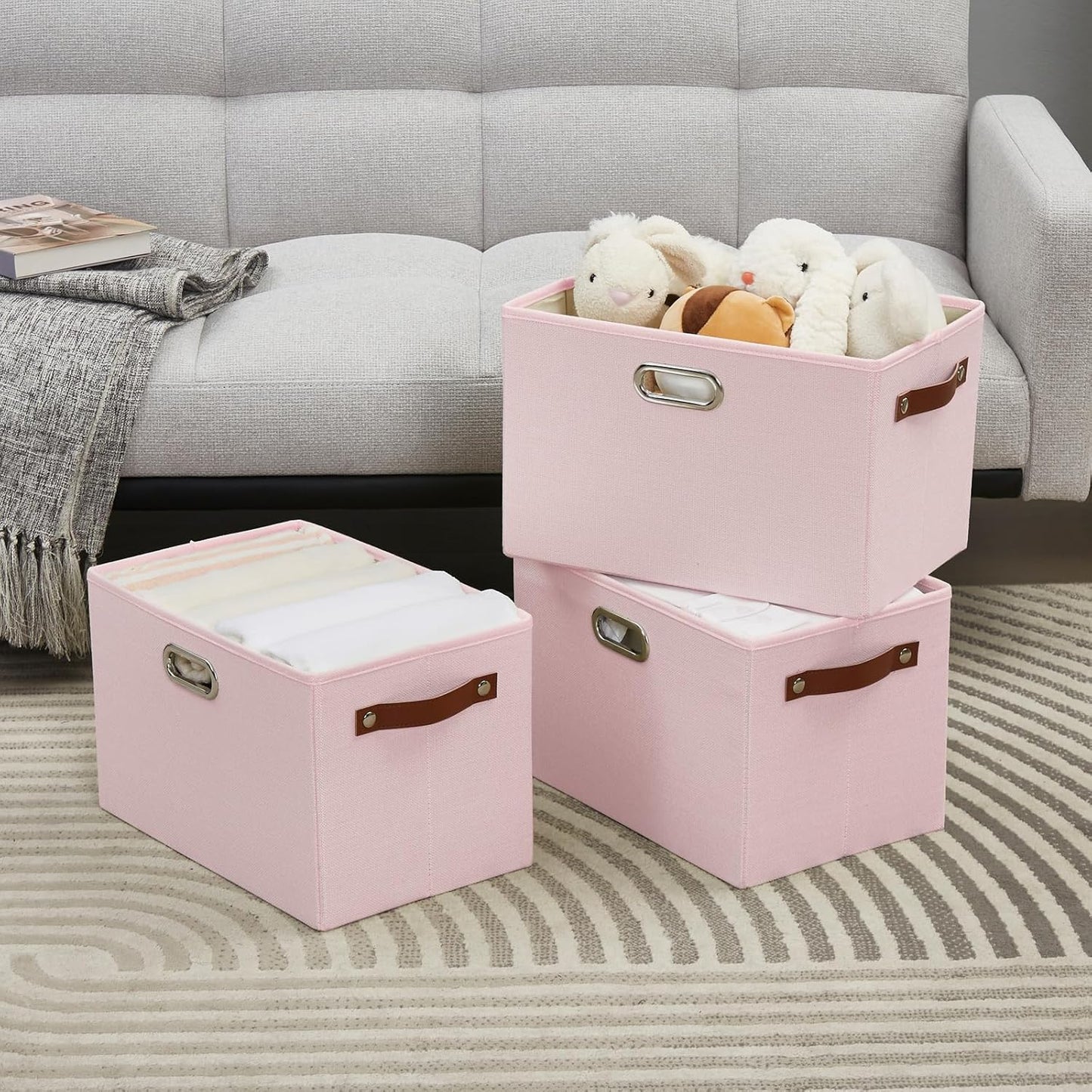 Large 3-Pack Foldable Fabric Storage Bins with Durable PU & Metal Handles, Collapsible Storage Baskets for Shelves, Home Storage, Closet Organizers, Living Room(14.9"x9.8"x9.8", Pink)