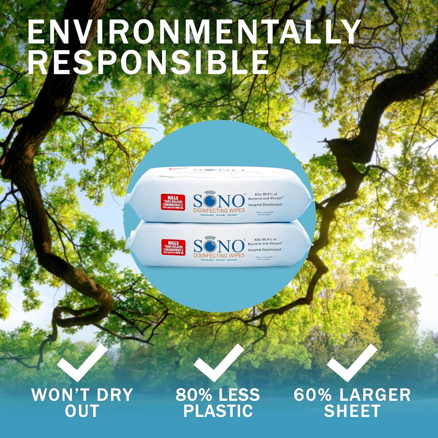 SONO Disinfecting Wipes - 160 Count (Pack of 2) + Sanitizer, Medical-Grade, Alcohol-Free, No Bleach, Gentle & Effective Multi-Surface Cleaning Solution, Larger Sheets