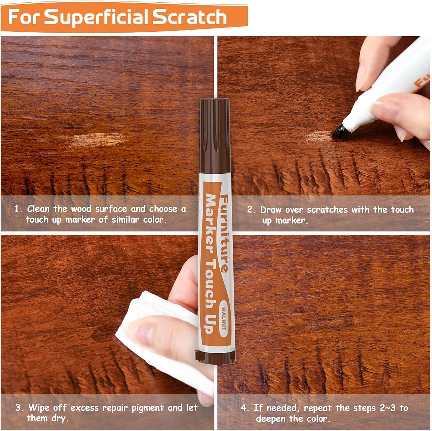 REALINN Wood Furniture Repair Kit 8 Dark Colors- Wood Fillers and Touch Up Markers, Repair Scratch, Cracks, Discoloration for Wooden Door, Floor, Table, Cabinet