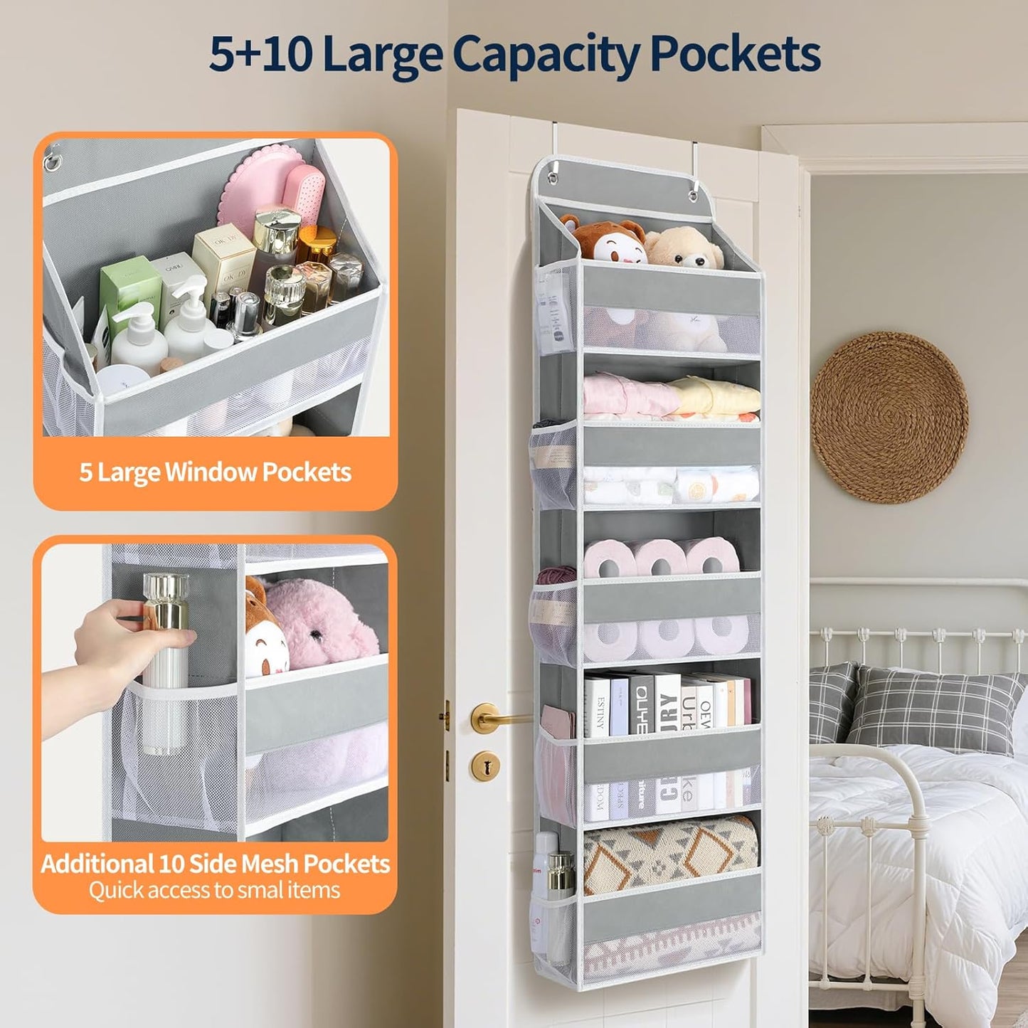 Yecaye Over The Door Organizer Storage, 5-Tier Heavy Duty Door Organizers Hanging with 10 Side Mesh Pockets, 44 lbs Load Capacity Behind Door Storage for Bathroom Nursery Bedroom Dorm Closet, Grey
